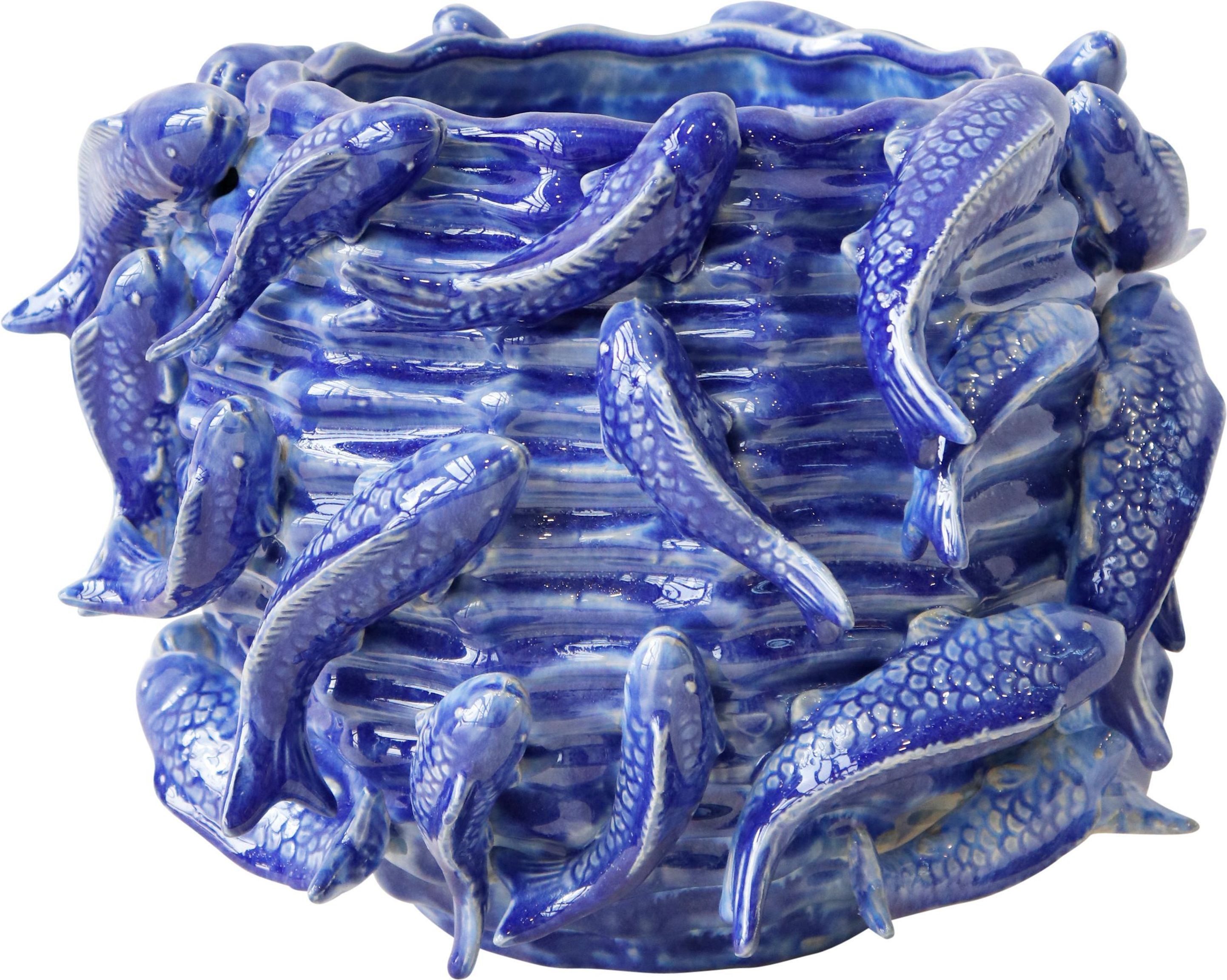 FURNARO Übertopf, mit plastischen Fischdekor in blau aus Keramik ø29x21cm
