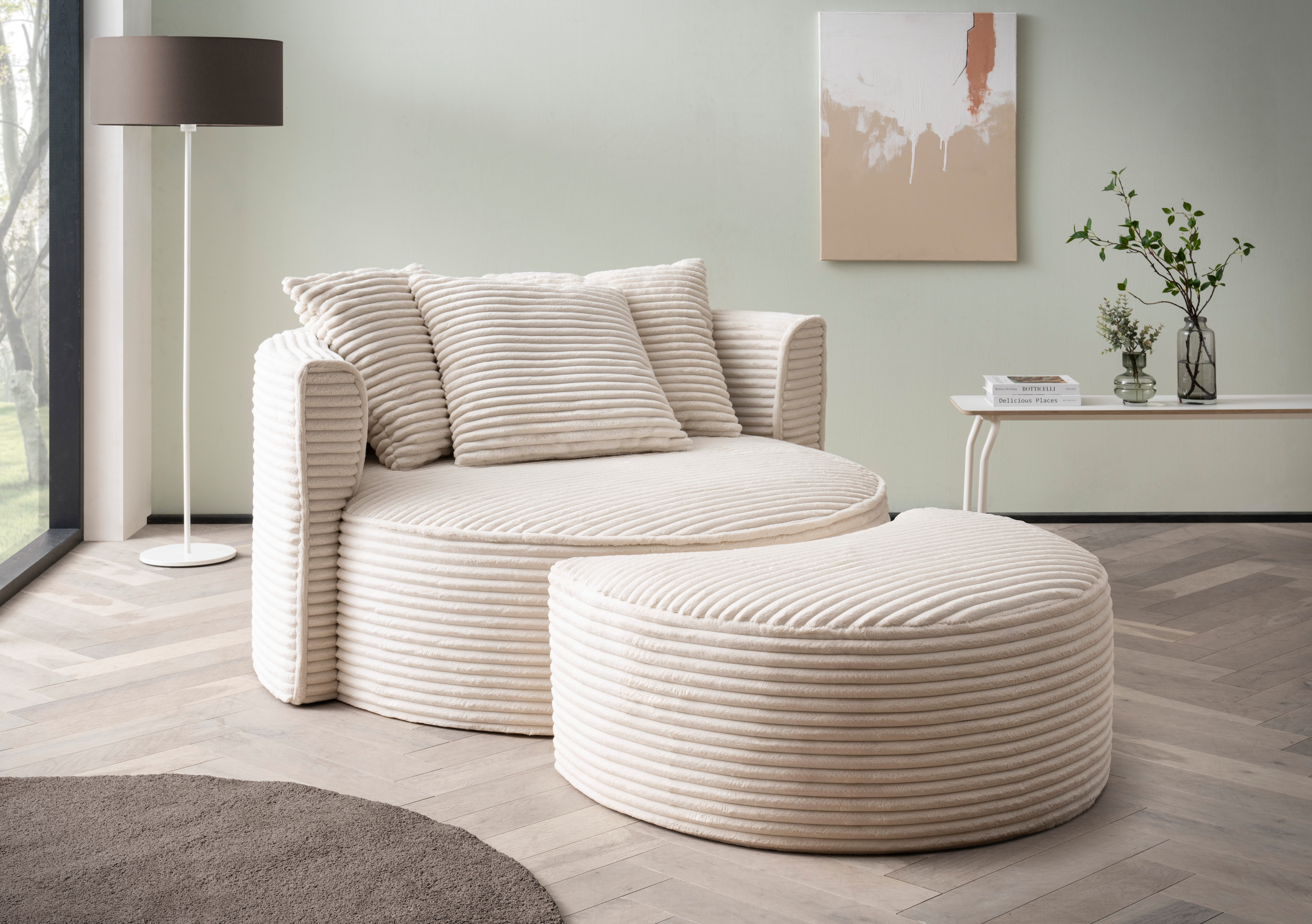 LeGer Home by Lena Gercke XXL-Sessel ISALIE, Rundsessel mit Hocker, Lesesessel, Loveseat, Big-Sessel (Set), trendige Stoffe, 3 Zierkissen, große Sitzfläche, Cord, Samt, Bouclé