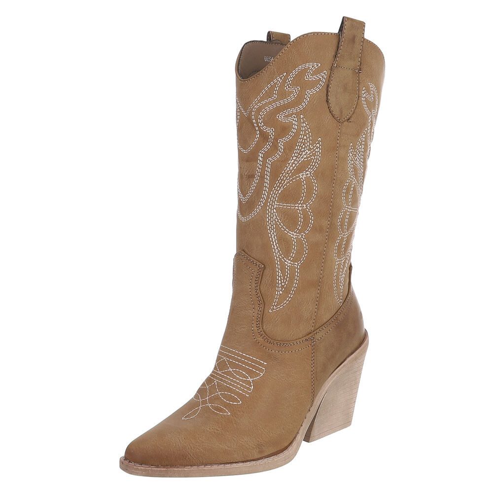Ital-Design Stylische Damen-Stiefeletten mit Stickdetails für Alltag Westernstiefel (91409439) Blockabsatz Stiefel in Hellbraun