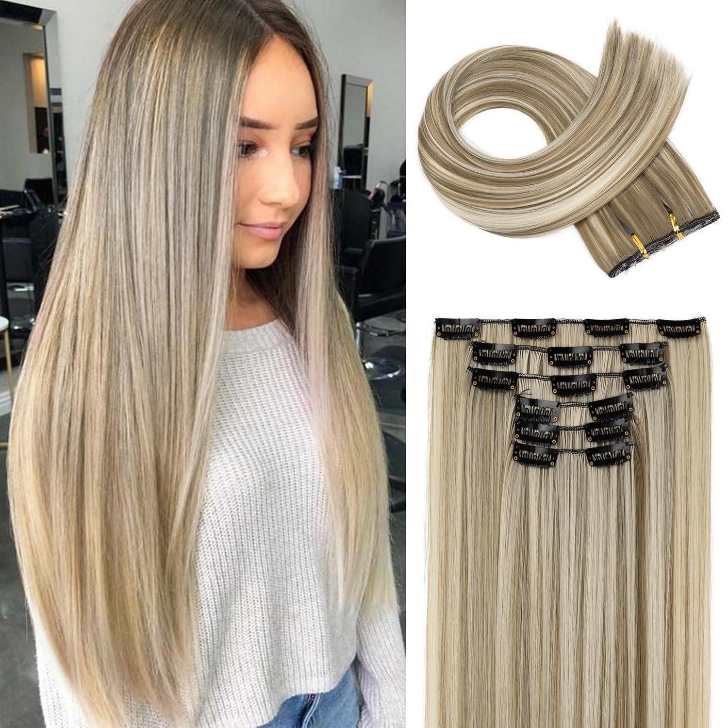LuxusKollektion Kunsthaar-Extension Clipin Extensions 6teilig 61 CM Aschbraun mit blonden Highlights