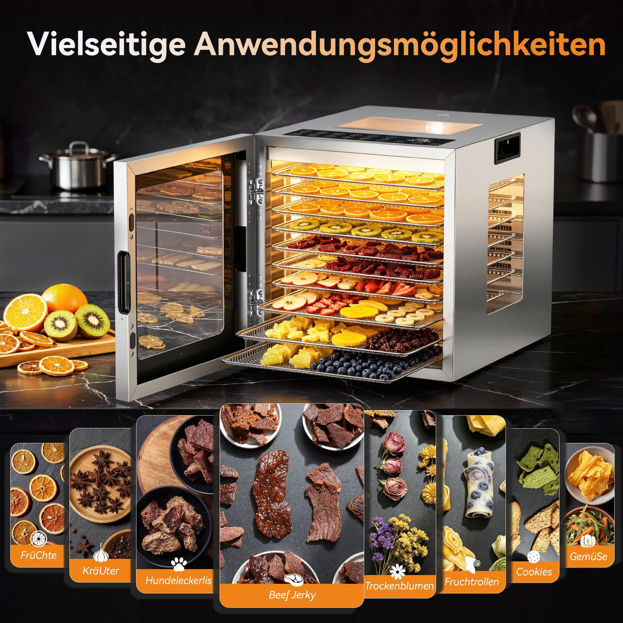 Furnicopia Dörrautomat Edelstahl Lebensmitteltrockner – 10 Tabletts, 48h, 850W 850 W, 10 Etagen, 360°-Umluft, 24-h-Warmhalten, für Obst, Jerky u. a., inkl. Reze – Bild 4 von 5