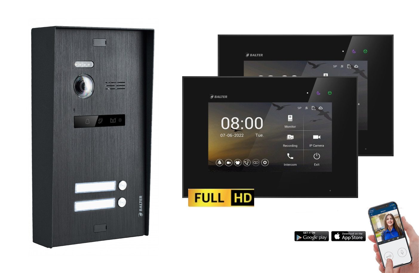 Balter Video-Türsprechanlage BALTER EVO-HD Aufputz Türsprechanlage 2-Draht 2-Familienhaus Schwarz (Set, 2-Familienhaus, Komplettset, Full HD 175° Kamera, App-Steuerung)