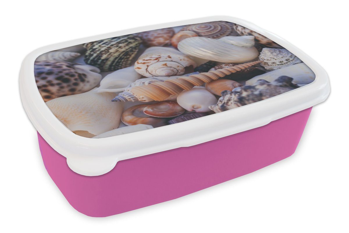 MuchoWow Lunchbox Muscheln - Strand - Nahaufnahme, Kunststoff, (2-tlg), Brotbox für Erwachsene, Brotdose Kinder, Snackbox, Mädchen, Kunststoff rosa