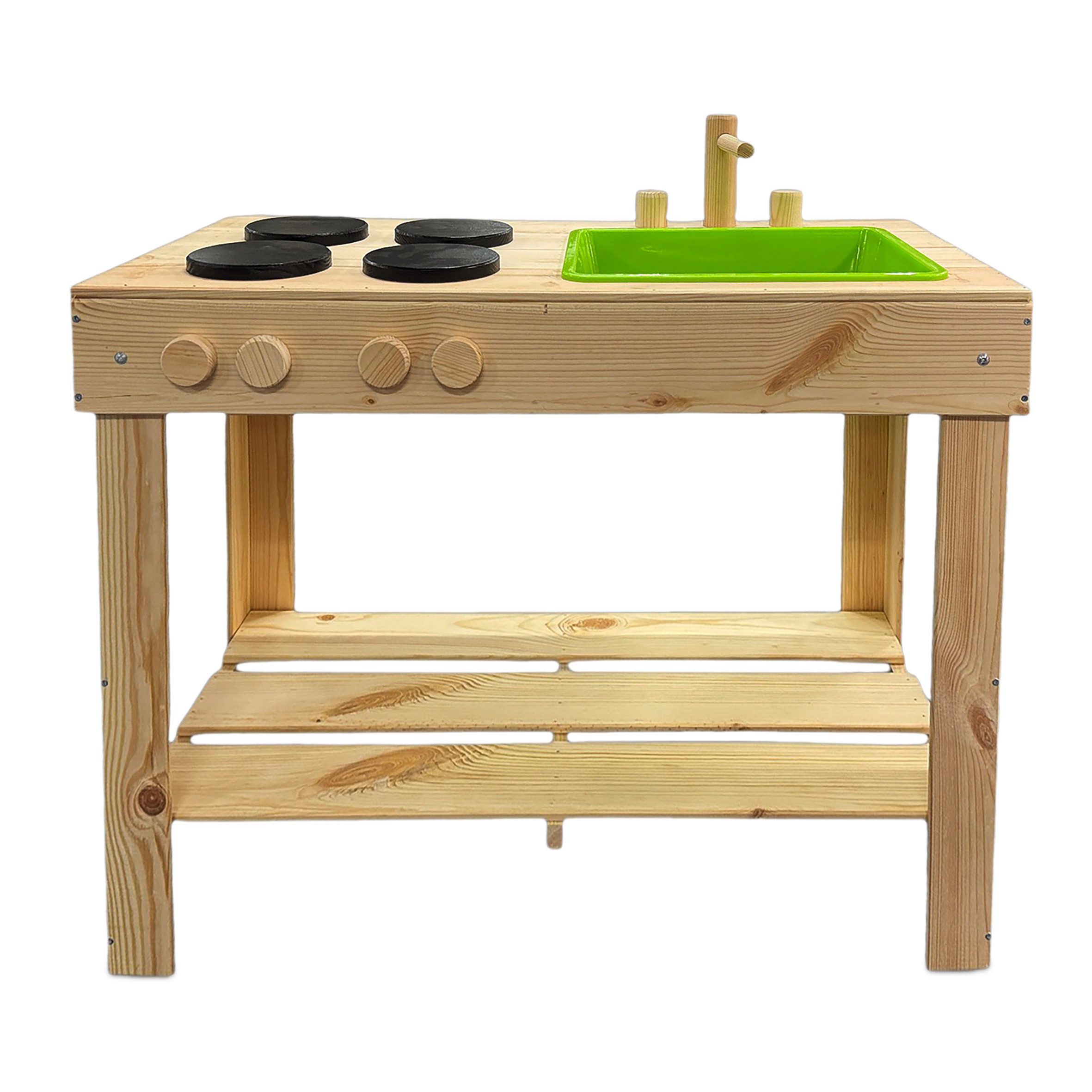 Spetebo Outdoor-Spielküche Matschküche für Kinder - 72 cm Holz, mit Spülbecken, Wasserhahn und vier Herdplatten