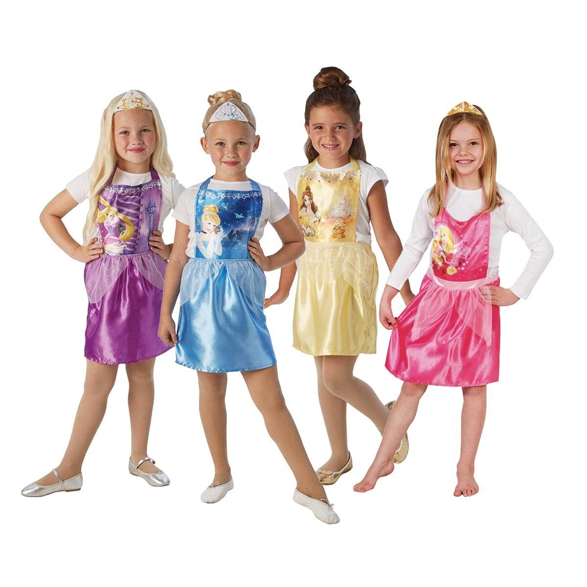 Metamorph Kostüm Disney Prinzessinnen Partypack für Mädchen - 4 Kin, Belle, Aurora, Rapunzel und Cinderella in einem günstigen Set - ideal