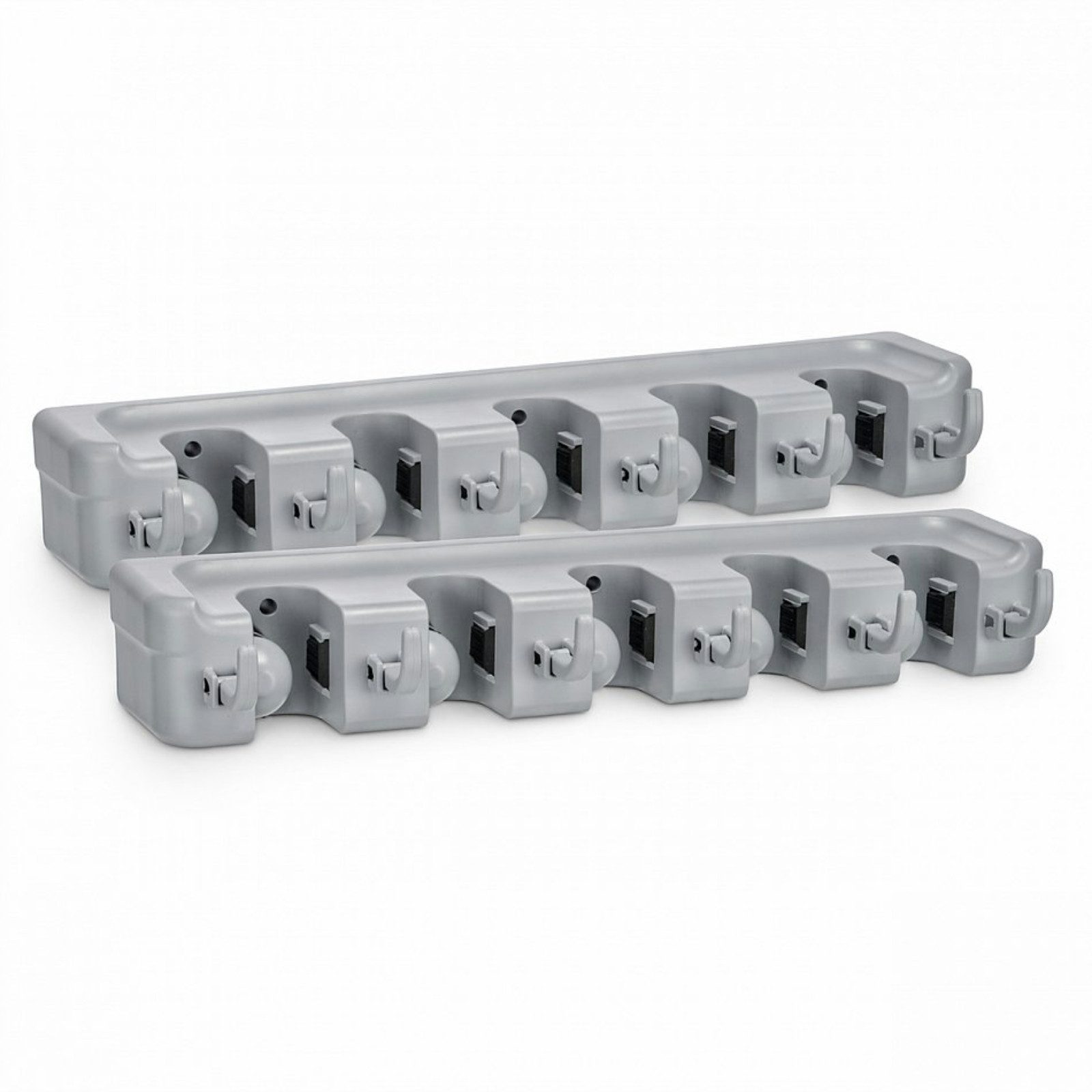 Haushalt International Gartengerätehalter Werkzeughalter Geräteleiste Kunststoff Grau 2er Set, (Set, 2-tlg., Packung, je 5 Klemmen, Klemmrollen, je 6 Haken, für alle Stielwerkzeuge)