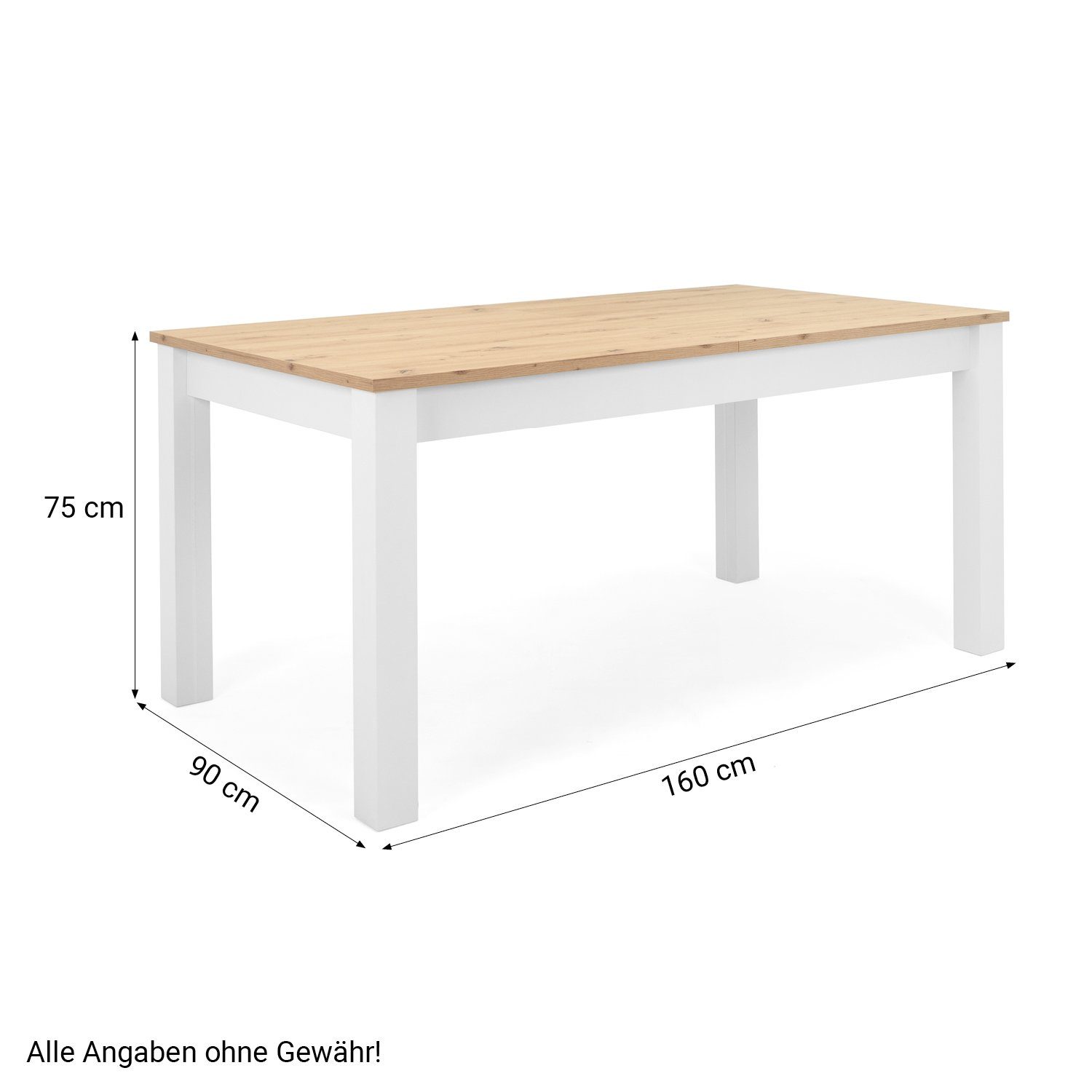 Homestyle4u Esstisch 90x160 bis 90x215 erweiterbar bis 8 Personen Holz Weiß Wohnzimmer, Küchentisch, ausziehbar, Esszimmertisch, Eiche