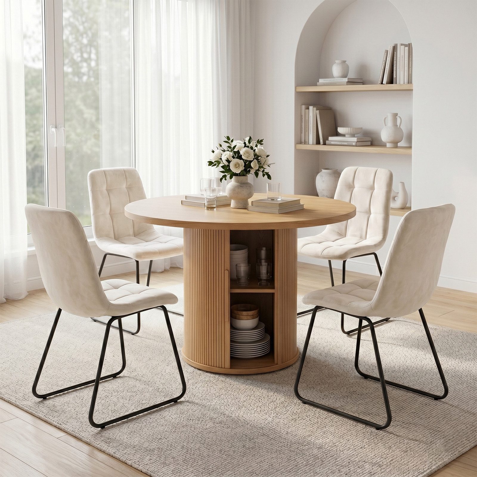 Jiexi Essgruppe Esszimmerset: Runder Tisch (110cm) mit Stauraum, 4 Stühle