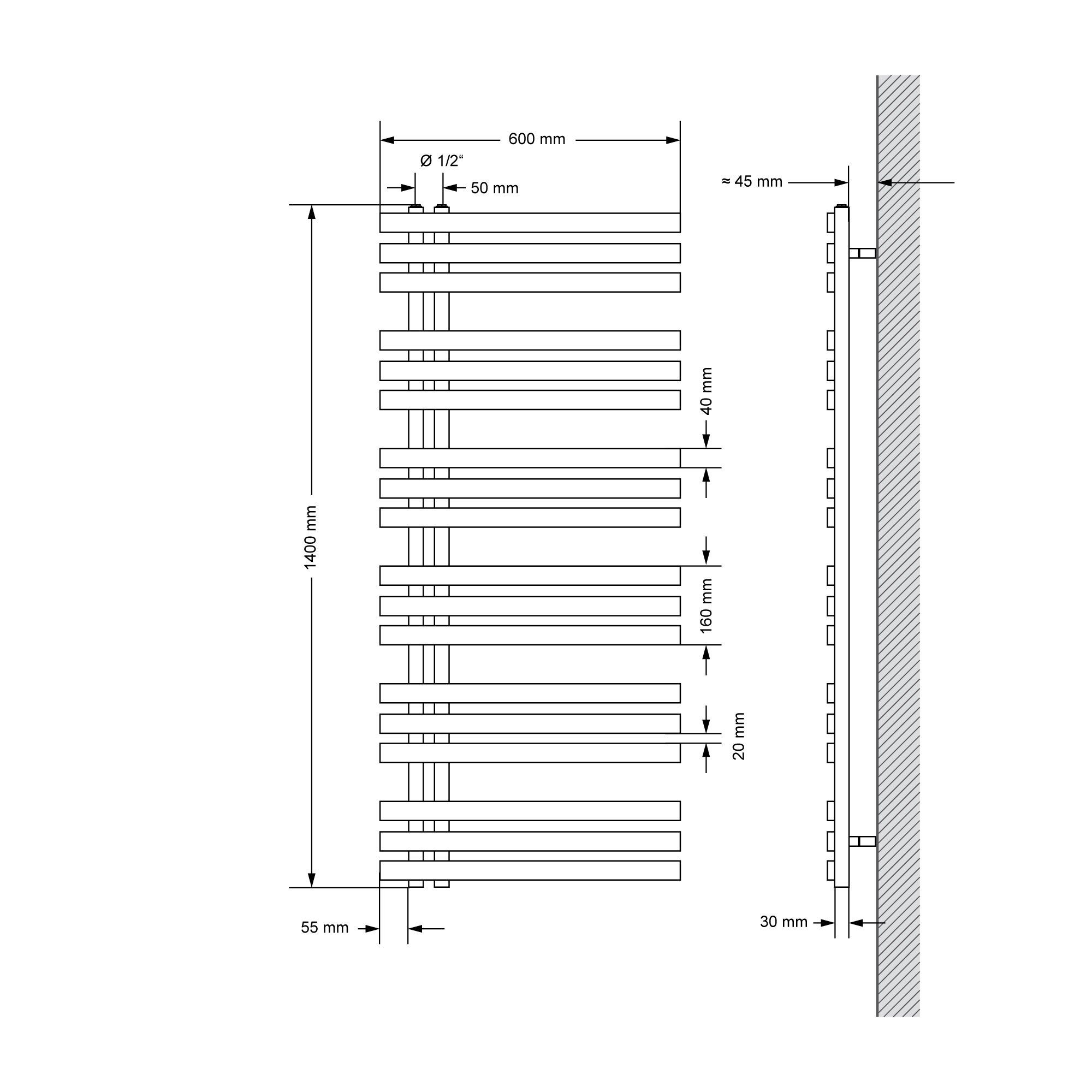 LuxeBath inkl. Paneelheizkörper Badheizkörper Badheizkörper IronEM Designheizkörper Montage-Set matt 600x1400mm Flachheizkörper, Schwarz