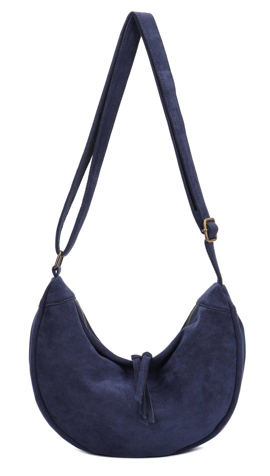 ITALYSHOP24 Schultertasche Damen Tasche MOON Halbmond Cross Over Body Bag Umhängetasche Suedette, Tragekomfort Hüft Brust Bauch Gürtel Rücken Slingtasche Wildlederoptik