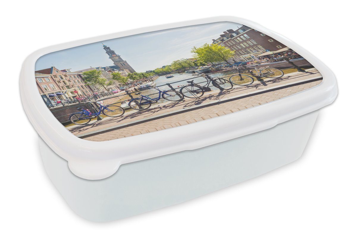 MuchoWow Lunchbox Amsterdam - Fahrrad - Gracht, Kunststoff, (2-tlg), Brotbox für Kinder und Erwachsene, Brotdose, für Jungs und Mädchen weiß