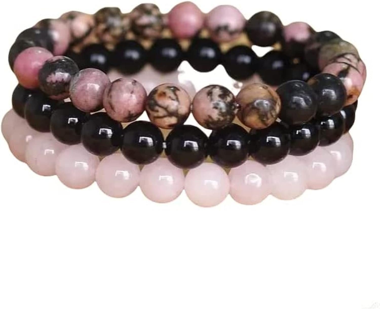 Agate Jaspis Alster Perlen Herz 3x Rosenquarz Alster Obsidian Damen Set (1-tlg), Herz J0464 Armband Energiearmband Armband Rosenquarz/Rhodonit/Schwarzer