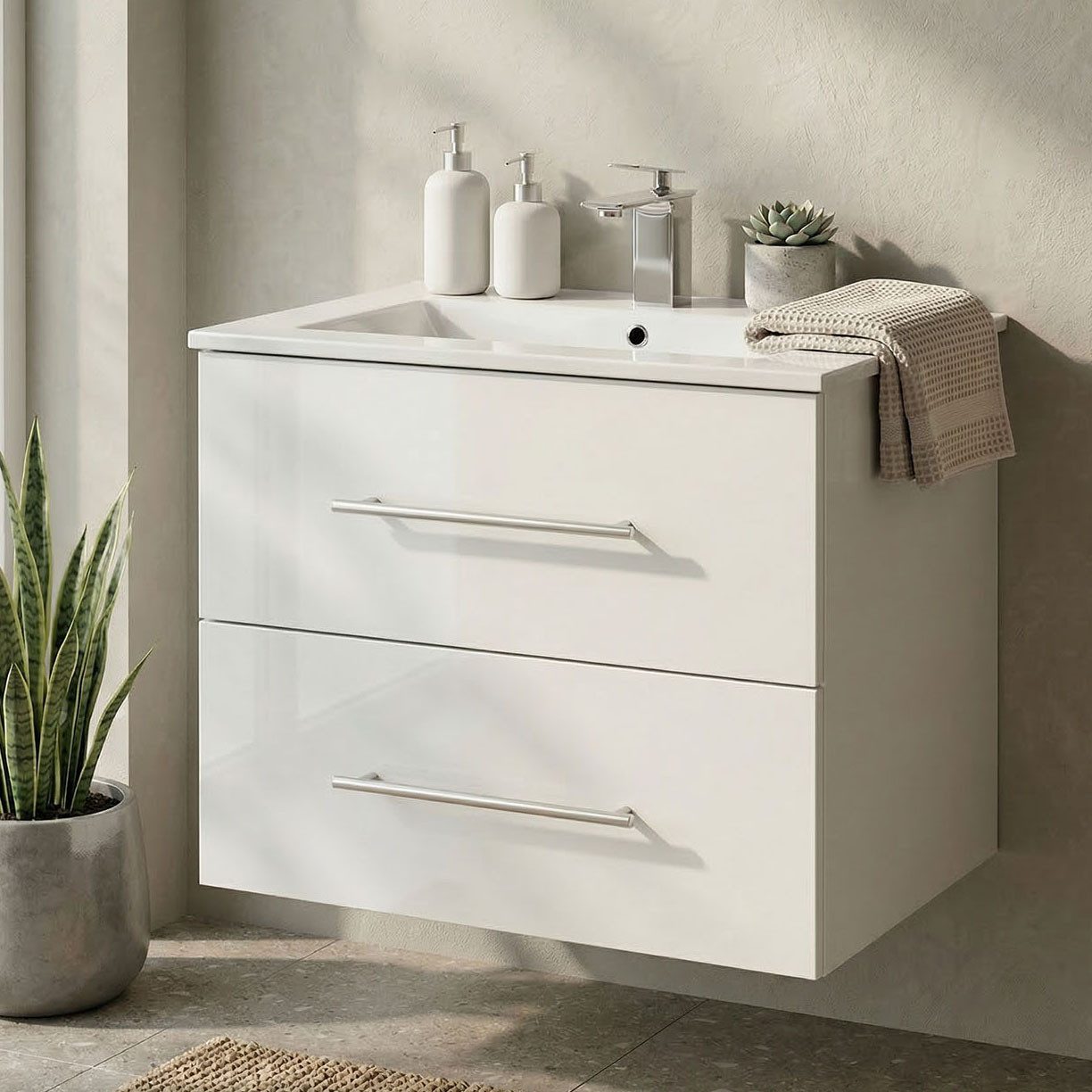 Lomadox Waschtisch HARLINGEN-02, 70cm breit, Keramikwaschbecken, weiß Hochglanz