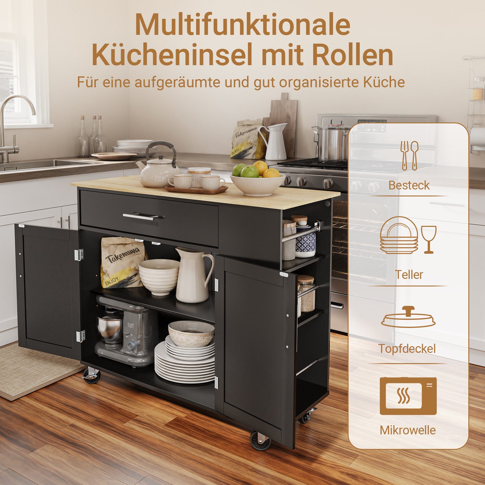 SoBuy Küchenwagen FKW108, Kücheninsel mit Arbeitsplatte, Sideboard freistehend, mit Arbeitsplatte, Servierwagen auf Rollen, Küchenschrank Esszimmer – Bild 2 von 5