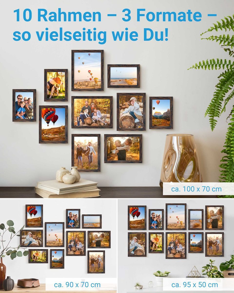 PHOTOLINI Bilderrahmen Sets in verschiedenen Formaten, MDF Holz, Acrylglas & Zubehör, für 10 Bilder (10er Set), Posterrahmen 10er Set No.3 zum Aufhängen oder Aufstellen