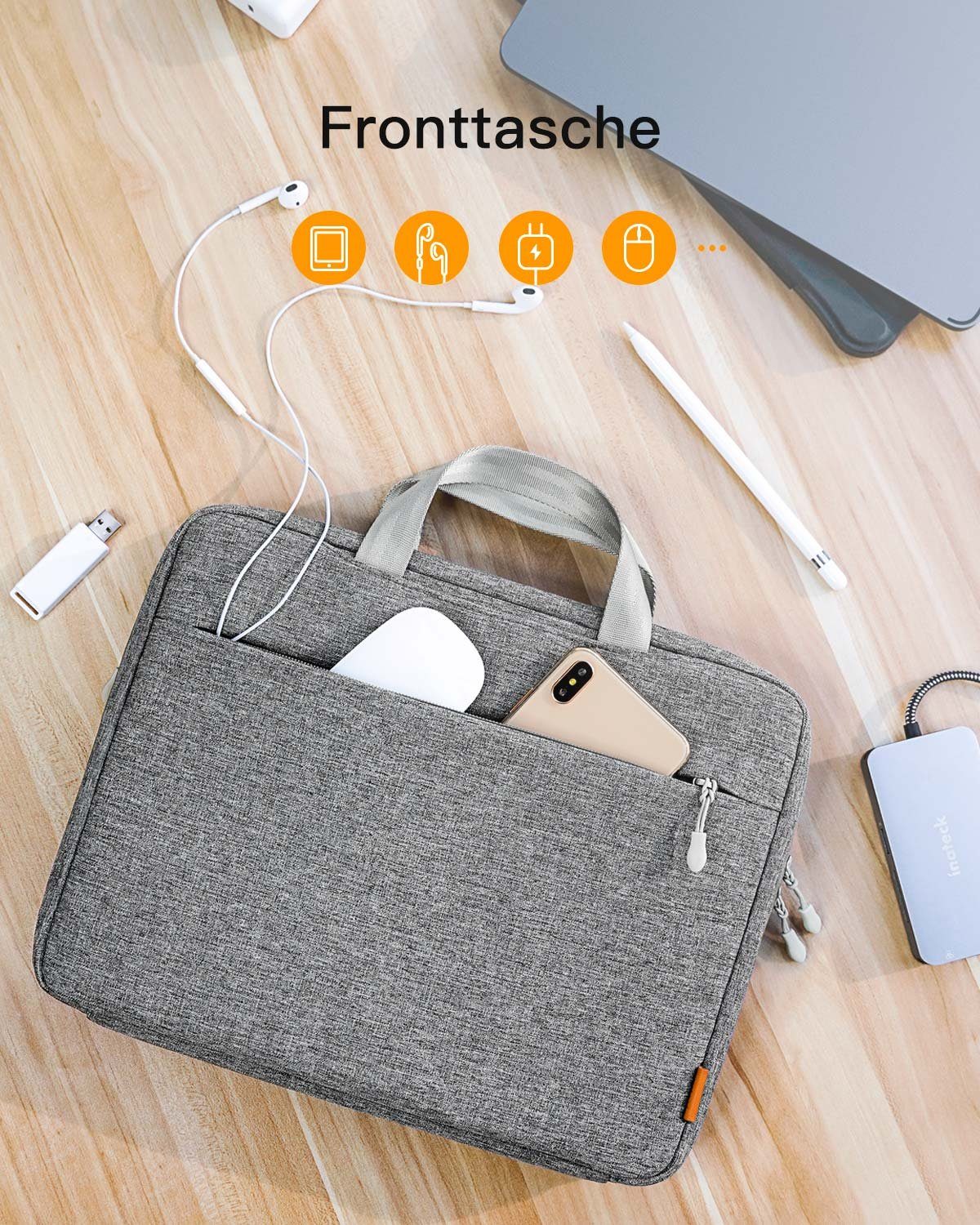 Inateck Laptop-Hülle Tablettasche für 12.9-13 Zoll iPad Pro/Air M4 M3, Versteckbarer Griff, Spritzwassergeschützt