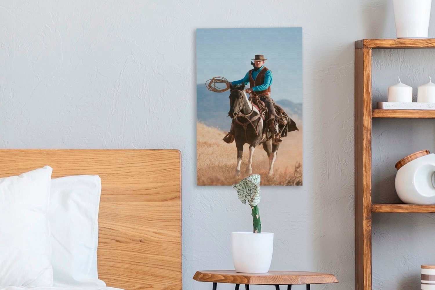 einem Zackenaufhänger, bespannt Himmel, Leinwandbild vor Leinwandbild Gemälde, Pferd (1 inkl. einem cm St), OneMillionCanvasses® Cowboy fertig auf grauen 20x30 Ein