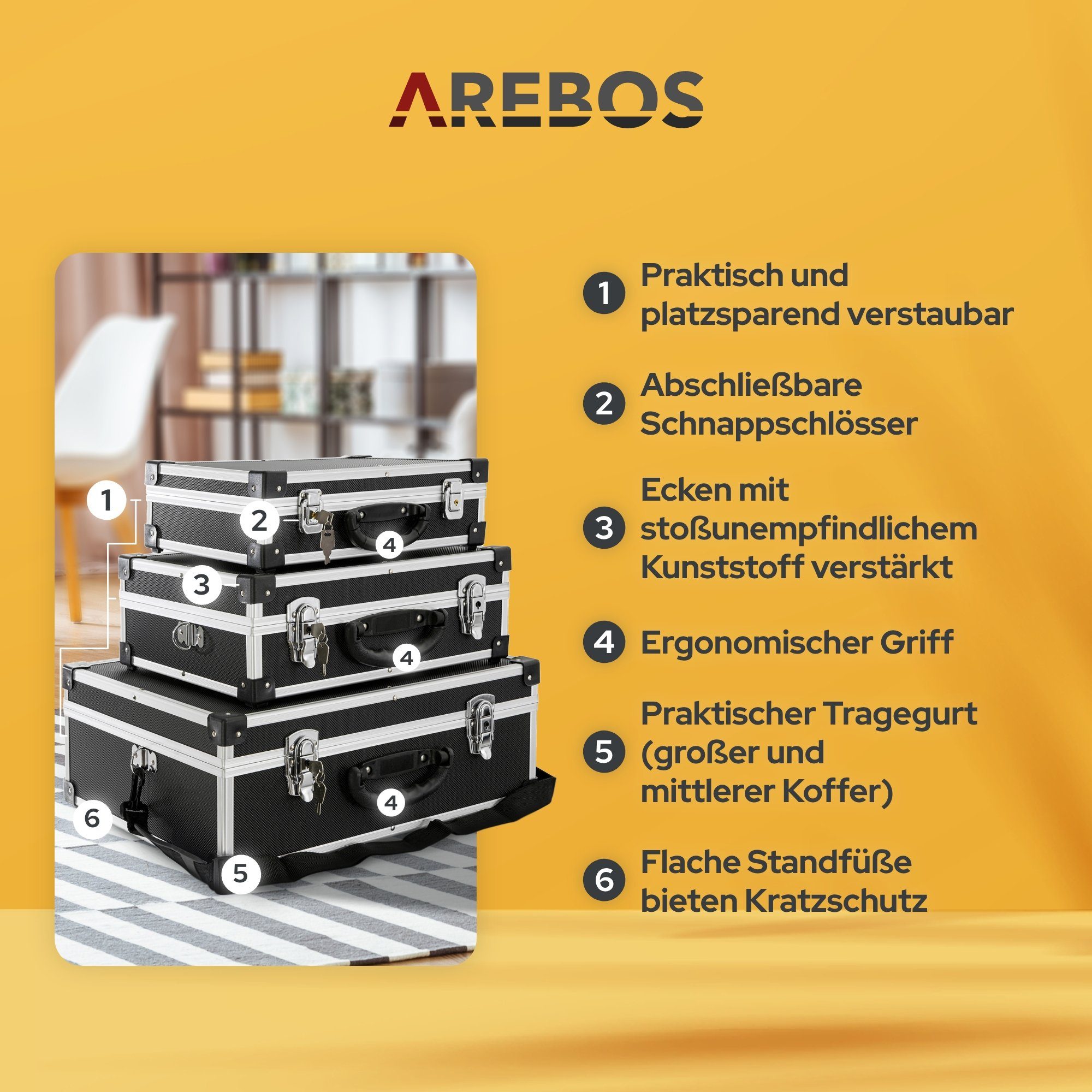 Arebos Werkzeugbox 3er Set Transportkoffer, abschließbar, Tragbar (3 St., Aluboxen klein schwarz) – Bild 4 von 5
