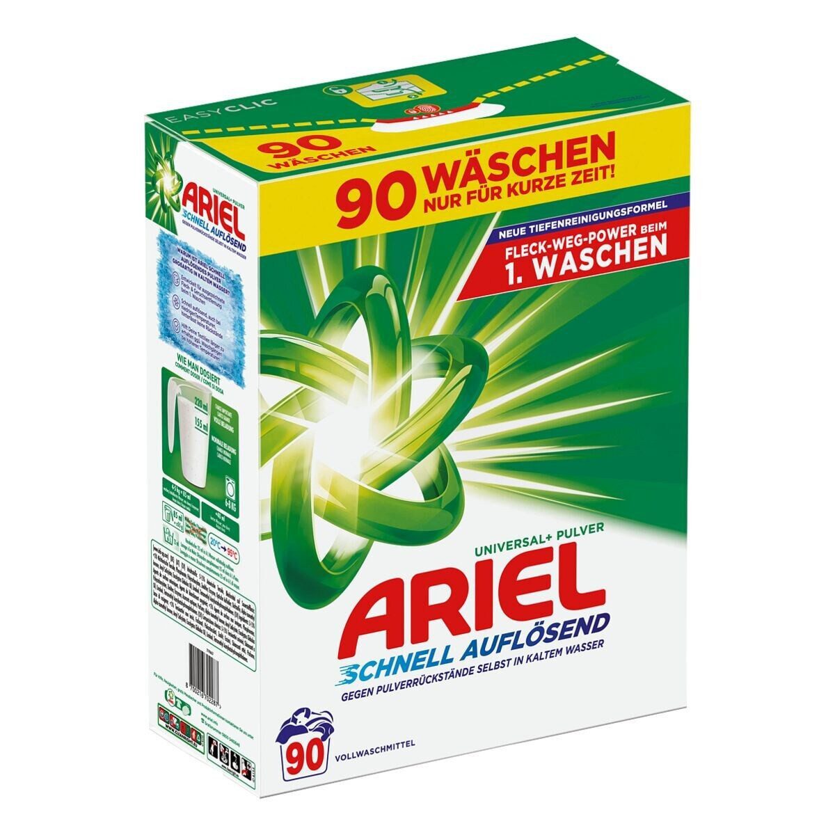 ARIEL Vollwaschmittel Pulver, Universal+ für weiße Wäsche, 90 Waschladungen Vollwaschmittel (1-St. 1 Stk. oder 2 Stk. erhältlich Vollwaschmittel, bis zu 90 WL gegen Flecken mit firschem Duft)