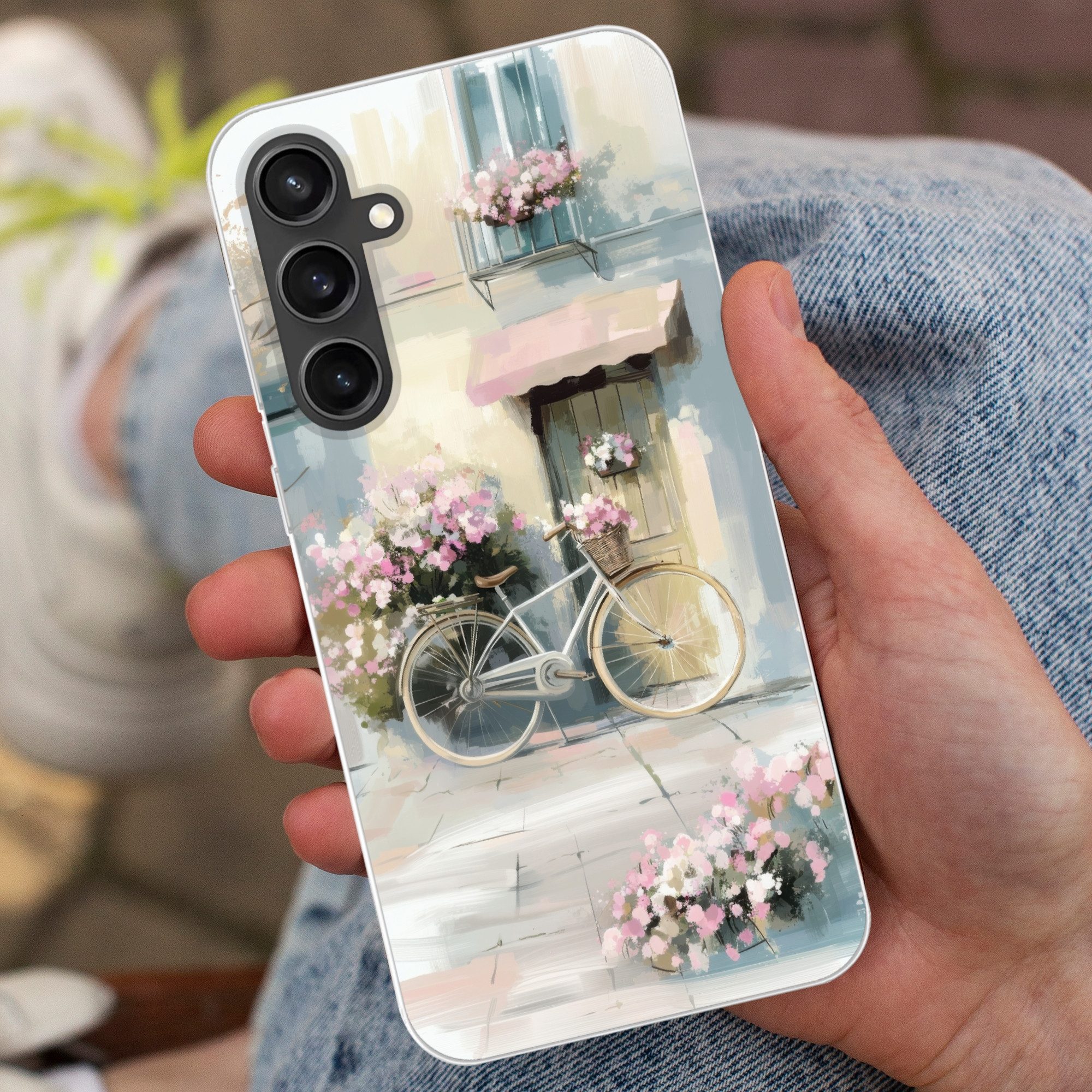 MuchoWow Handyhülle für Samsung Galaxy S23 FE Fahrrad - Pastellfarben - Blumen