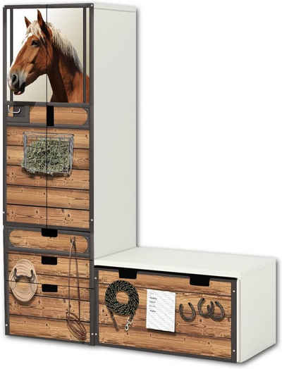 STIKKIPIX Möbelfolie SL22, (MÖBEL NICHT INKLUSIVE) "Pferdewelt" Aufkleber-Set - passend für die Kinderzimmer Aufbewahrungskombination STUVA von IKEA (L-Form) - Bestehend aus Schrank, Kommode mit 3 Fächern und Banktruhe