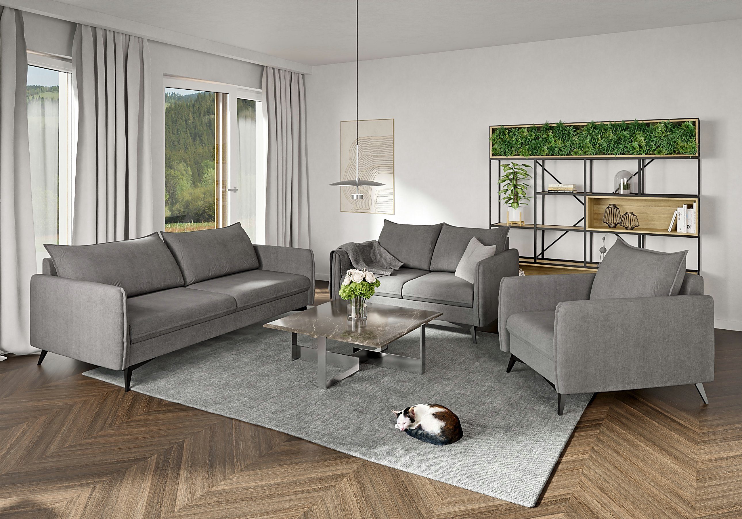 S-Style Möbel Polstergarnitur Modernes 3+2+1 Azalea mit Schwarz Metall Füßen, (1x 3-Sitzer-Sofa, 1x 2-Sitzer-Sofa, 1x Sessel), mit Wellenfederung Grau | Couchgarnituren