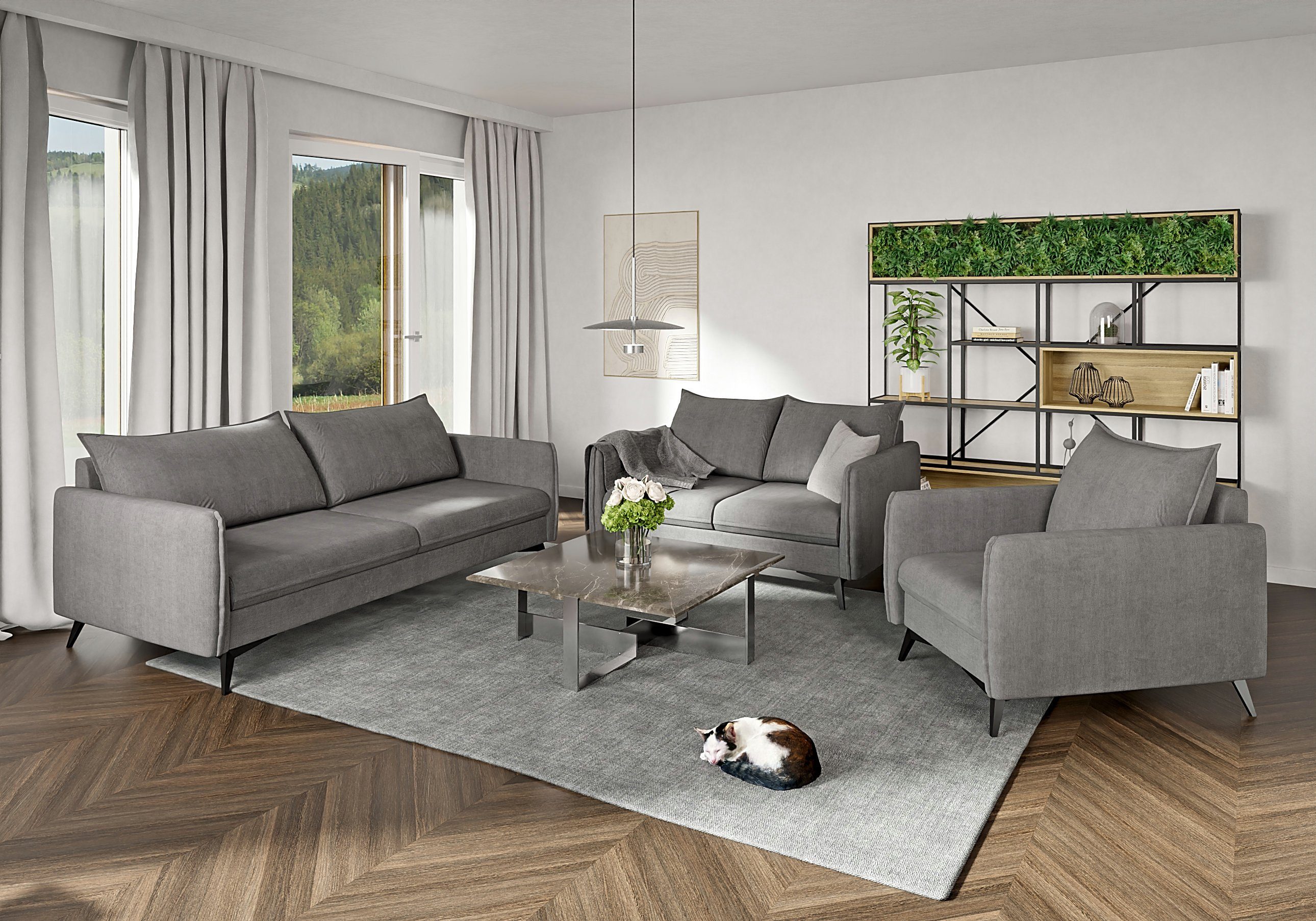 S-Style Möbel 2-Sitzer Modernes mit Füßen, Metall Azalea mit Schwarz Wellenfederung Sofa Grau