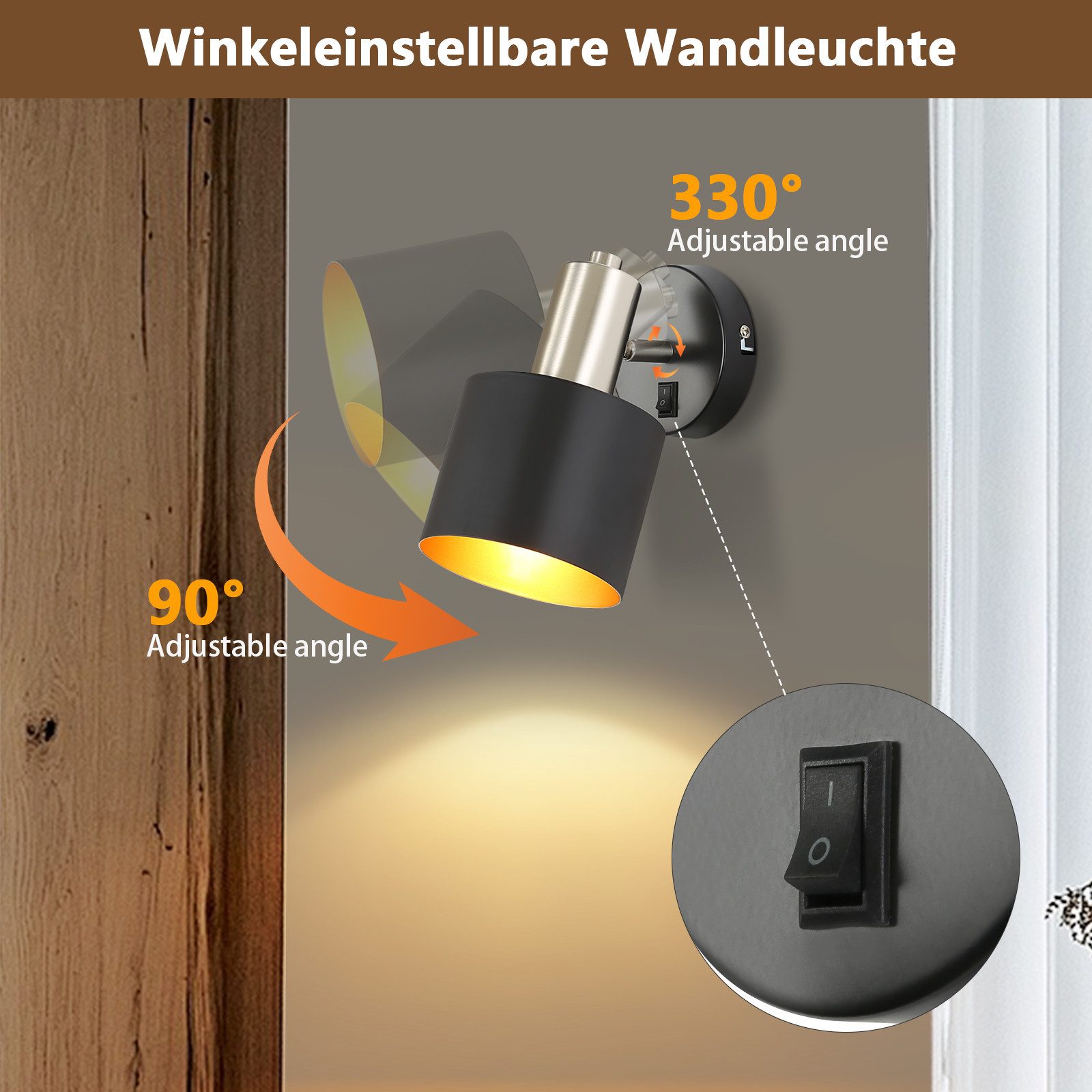 ZMH Wandleuchte Innen Schwarz-Gold Wandstrahler Vintage E27 Metall Schlafzimmer Flur, Einfache Installation, ohne Leuchtmittel, Industrial Wandbeleuchtung mit Schlater 330° Schwenkbar