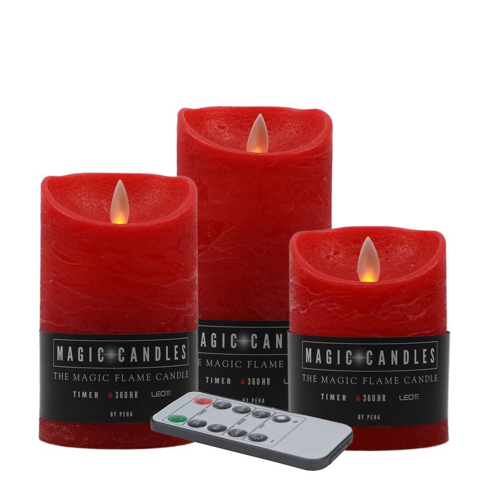 BY PEHA LED-Kerze MB-20124 3er LED Echtwachskerzen Set rot FB Timer Dimmer Flackermodus