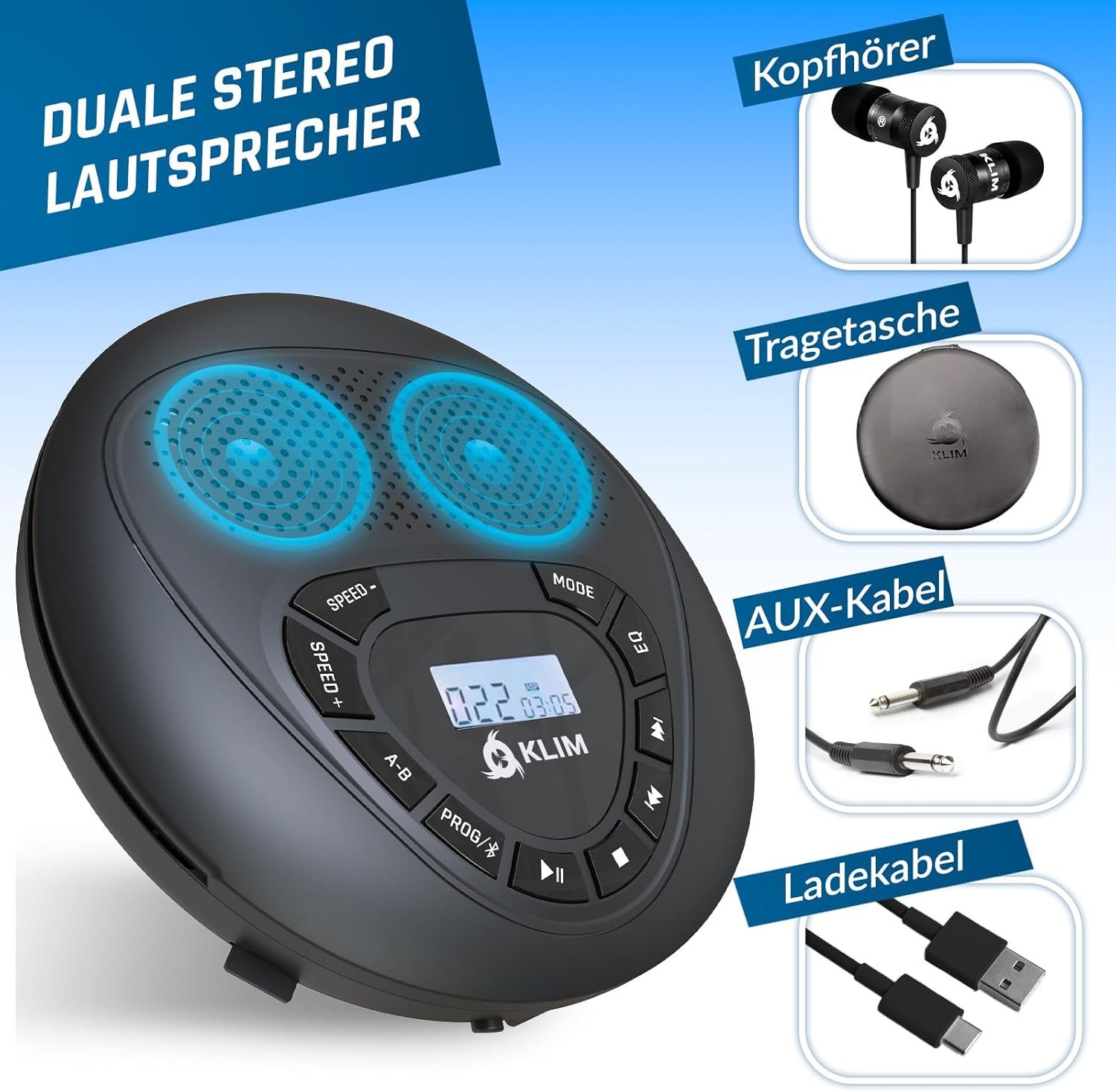 KLIM Speaker tragbarer CD-Player (Discman mit Kopfhörer, ideal fürs Auto, AUX, mit Lautsprecher)