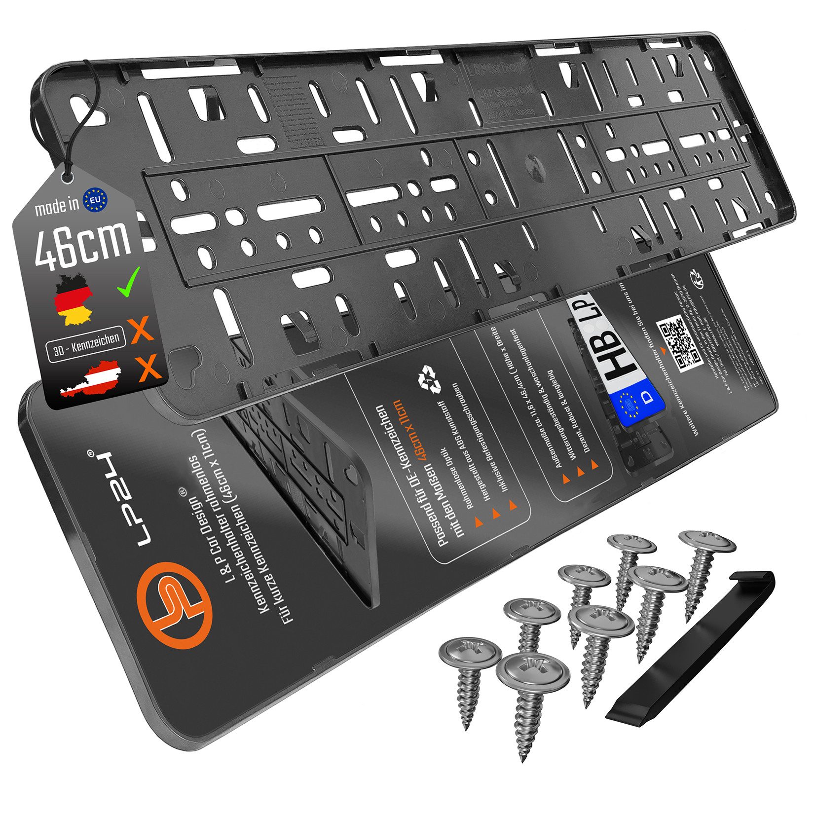 L & P Car Design Kennzeichenhalter 460mm für Auto rahmenlos Schwarz dezent sicher langlebig, (2-St)