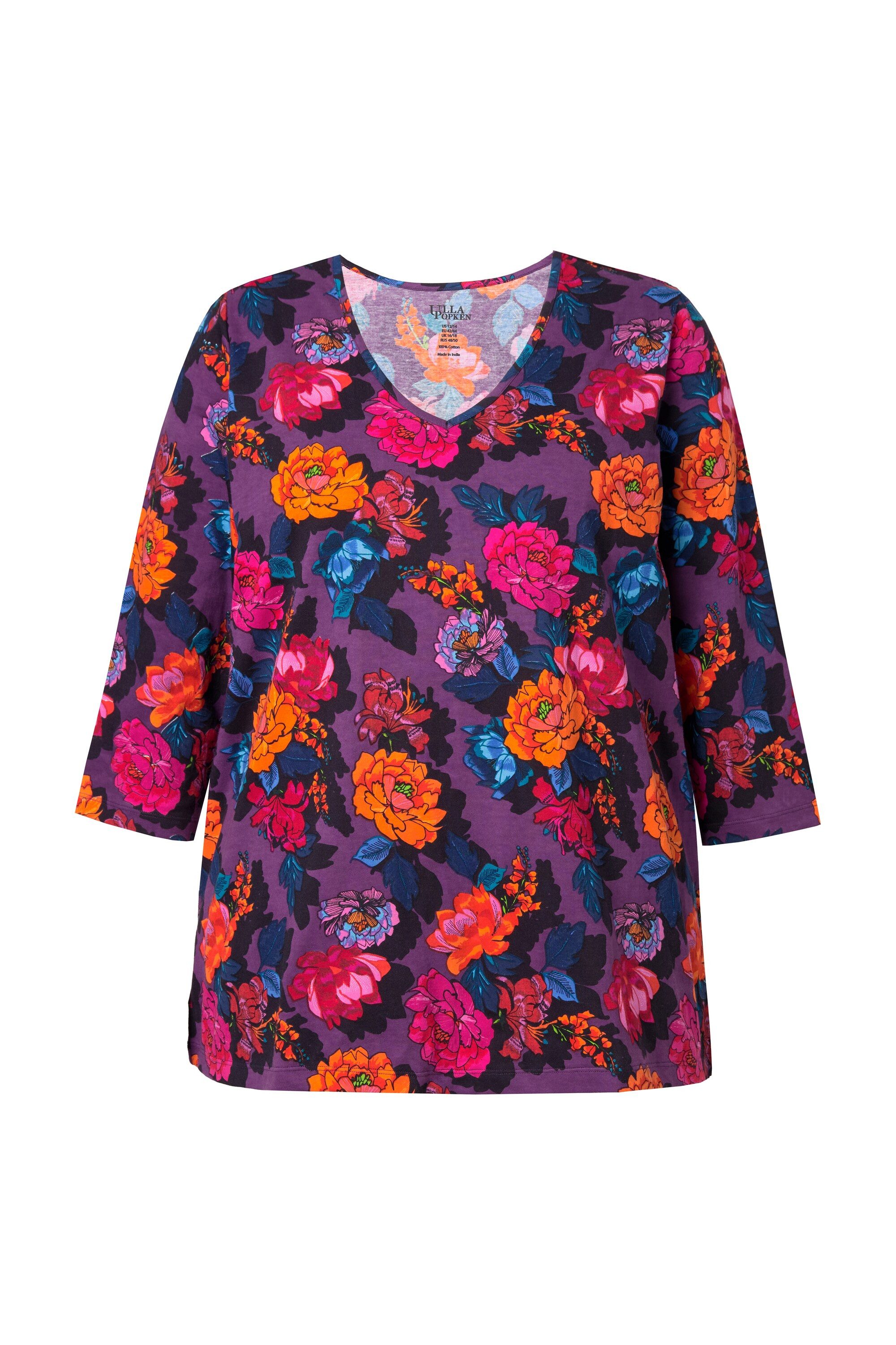 Longshirt T-Shirt A-Linie V-Ausschnitt 3/4-Arm
