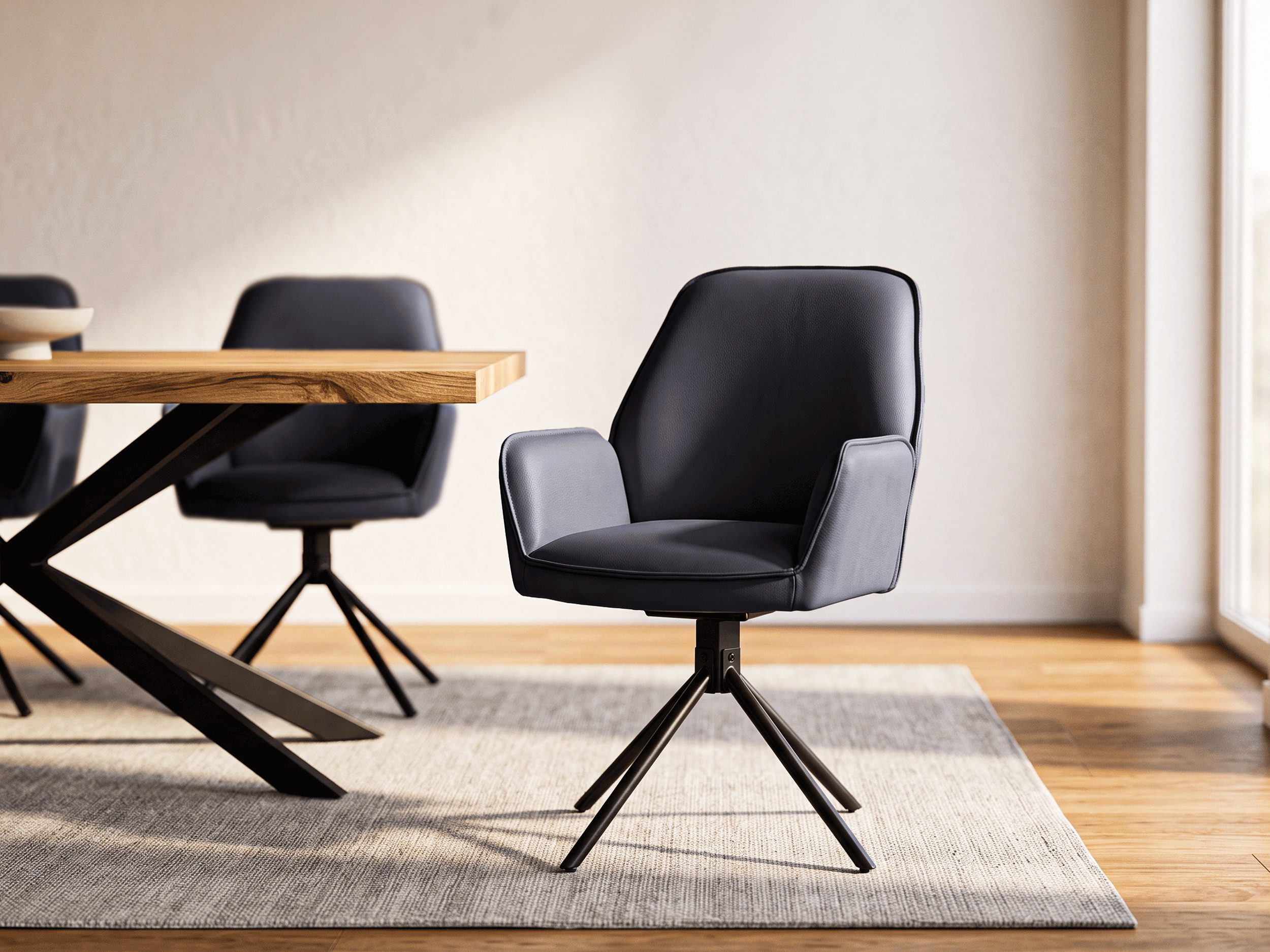 Massivart® Polsterstuhl Echtleder drehbar 180 Grad / Esszimmerstuhl »COVELO«, mit Nivellierung · Metallgestell schwarz matt – Bild 4 von 5