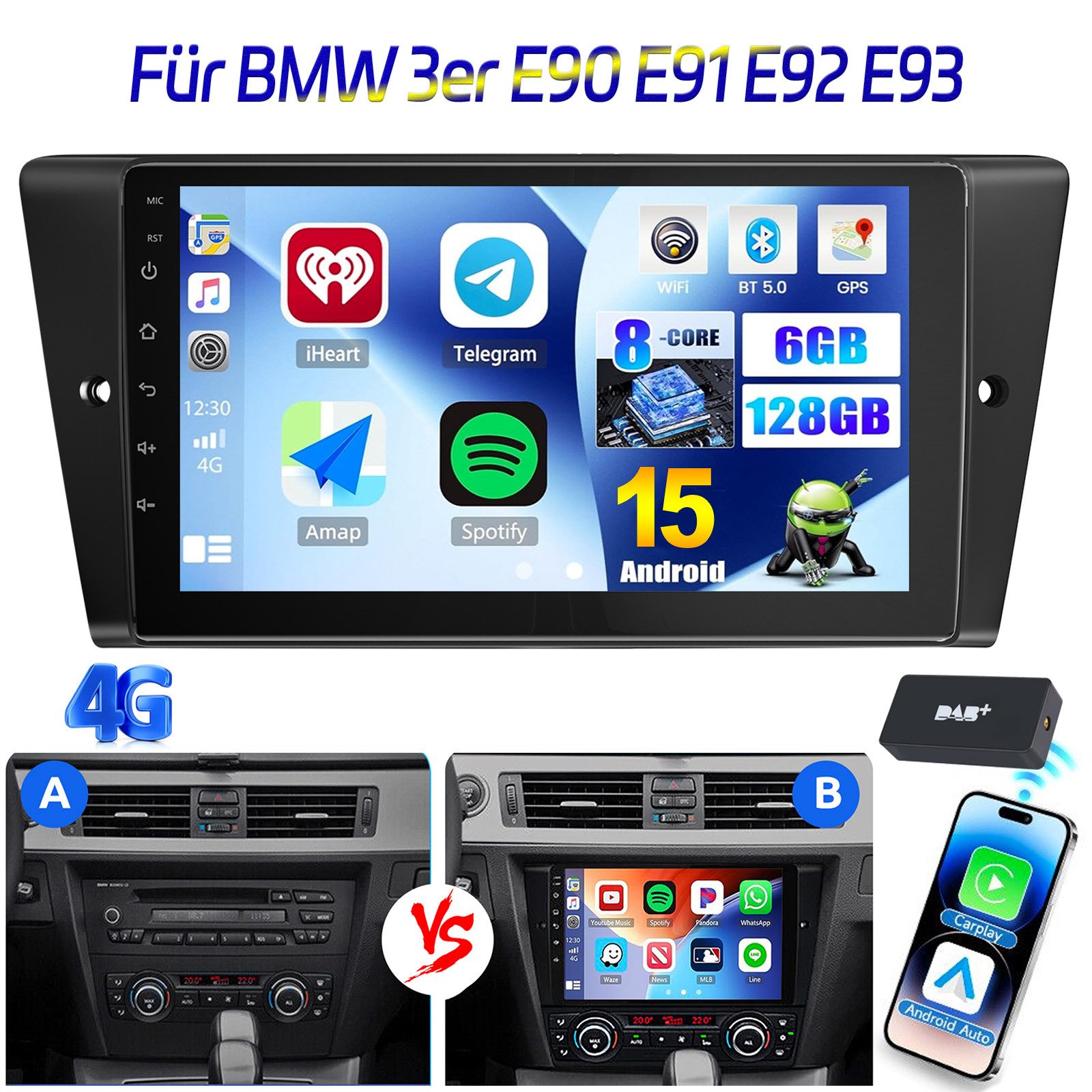 ESSGOO 6+128G Für BMW 3er E90 E91 E92 E93 Android 15 Carplay GPS Navi WIFI Autoradio (RDS, 6GB+128GB, FM, AM, DAB+ (optional), Apple Carplay & Android Auto,Touchscreen Bluetooth,RDS)