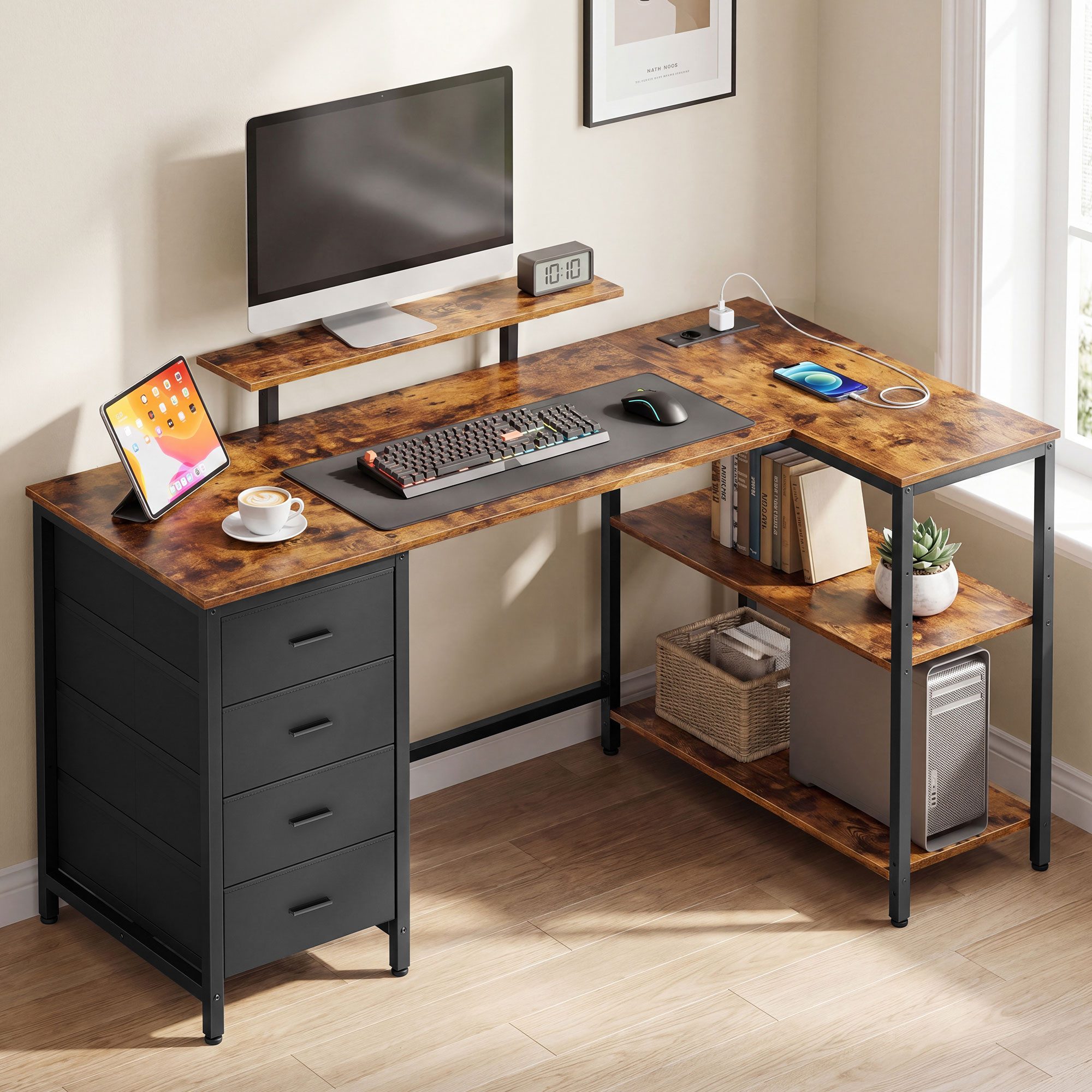 VASAGLE Schreibtisch L-förmiger Eckschreibtisch mit Steckdosen, Computertisch, Gaming-Tisch, verstellbare Ablagen, 4 Schubladen, 2 USB-Anschlüsse, 140 x 80 cm