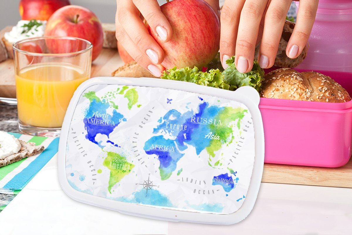rosa - Mädchen, Blau, - Kunststoff, Brotbox Erwachsene, Weltkarte (2-tlg), für MuchoWow Grün Snackbox, Aquarell - Kunststoff Kinder, Brotdose Lunchbox