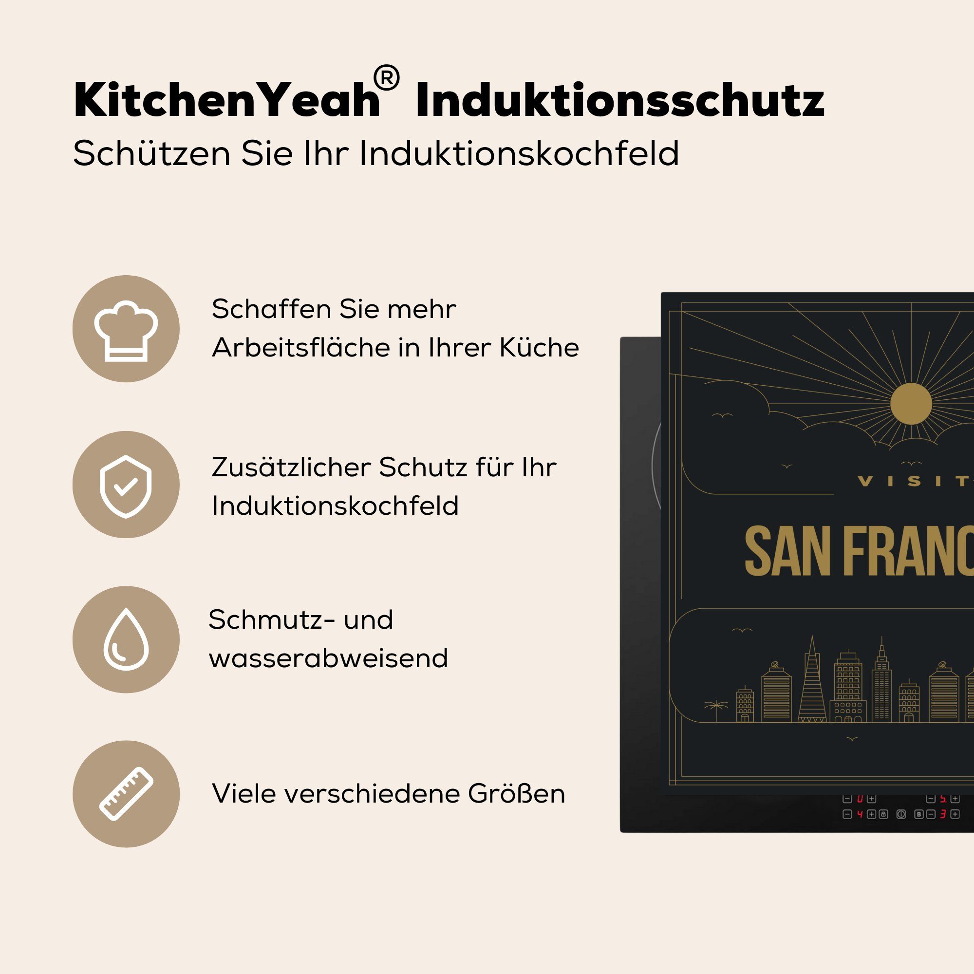 San Francisco (1 Herdblende-/Abdeckplatte - Ceranfeldabdeckung, Arbeitsplatte cm, Vinyl, 78x78 küche Gold, tlg), USA für MuchoWow -