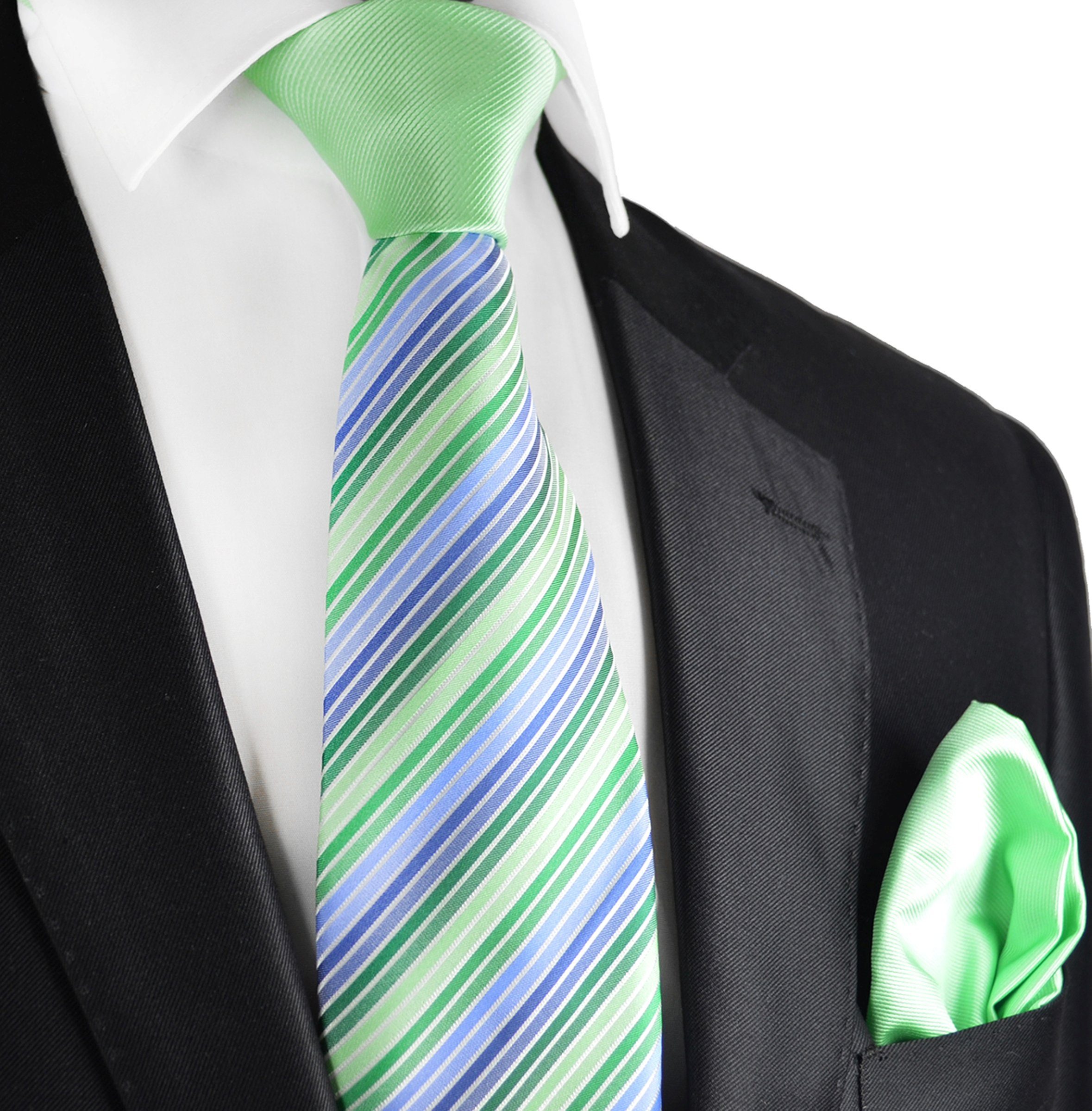 Krawatte Krawatte mintgrün 2-St) blau mit Einstecktuch moderne grün Kontrastknoten (Set, Malone Paul P5 gestreift