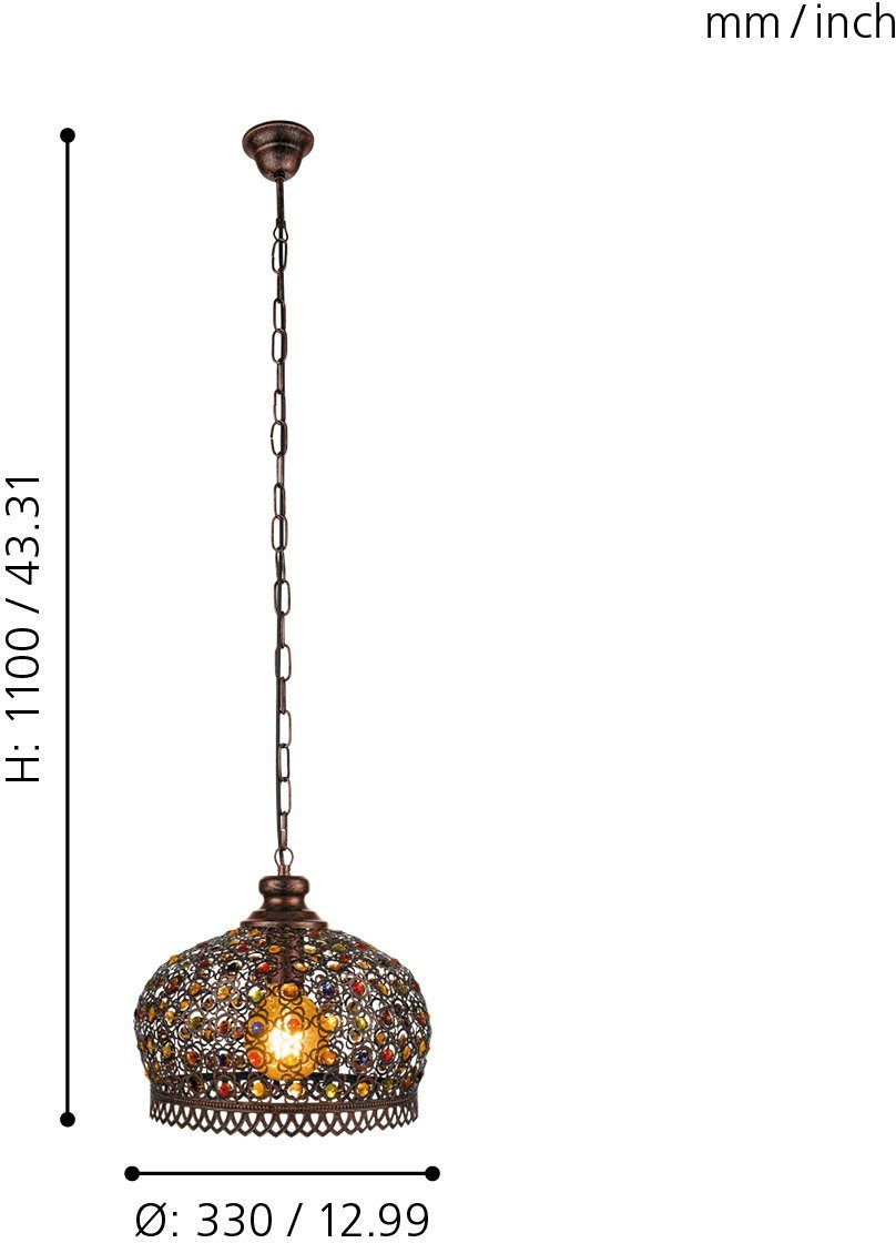 EGLO Hängeleuchte JADIDA Pendellampe, IP20, E27, Stahl und Glas, Esstischlampe, Lampe, ohne Leuchtmittel, Hängeleuchte, H110 x Ø33 cm, kupferfarben-antik, 1X60W exkl.