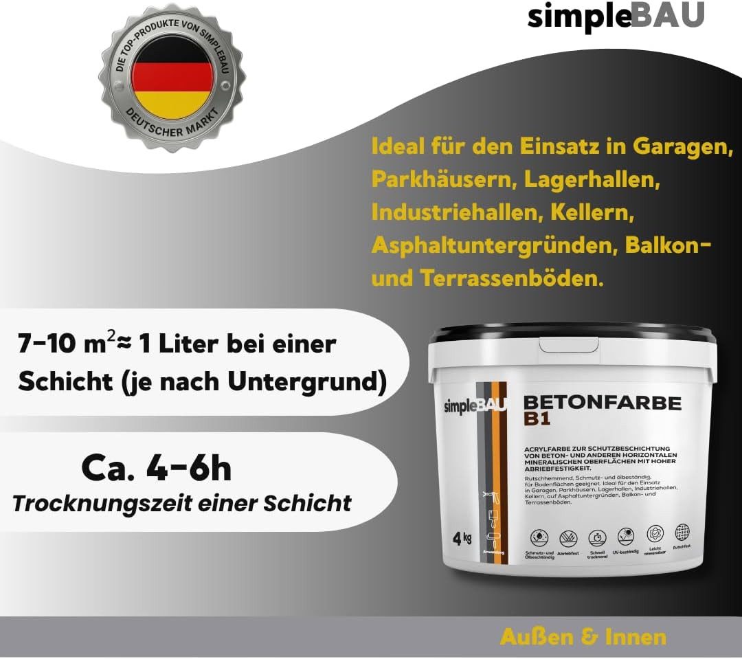 simpleBAU Bodenversiegelung Betonfarbe B1 4-15 KG, Garagenbodenbeschichtung - Farbe, rutschfest, abriebfest, innen und außen geeignet, wetterbeständig – Bild 5 von 5