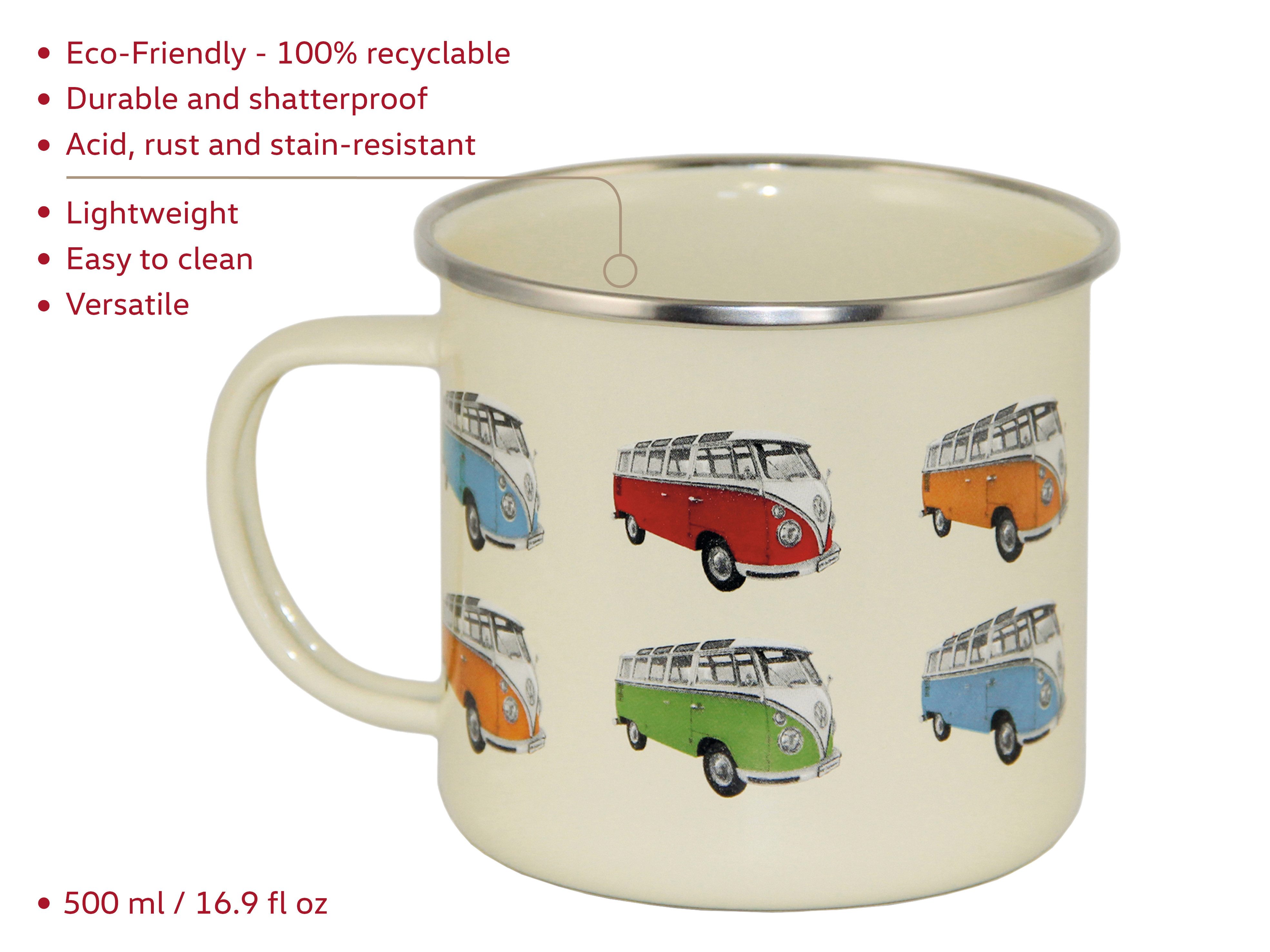 VW Collection by BRISA Tasse Volkswagen Große Emaille Kaffee-Tee-Tasse-Becher-Haferl, 1-tlg., Stahlblech, für Camping & Outdoor T1 Bus in verschiedenen Farben und Designs