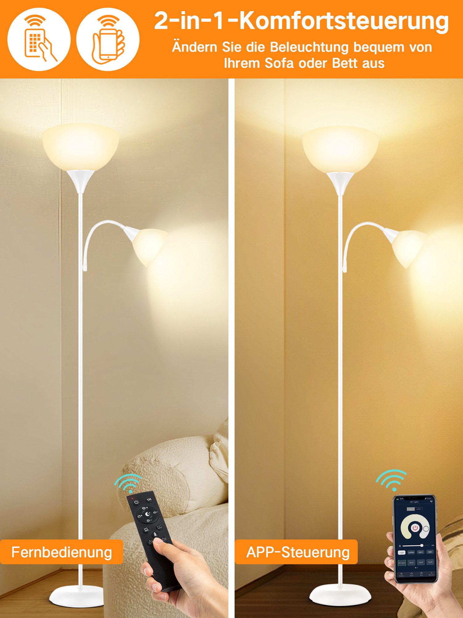 OUTON LED Stehlampe Bodenlampe mit Fernbedienung, 9W, 4 Farbtemperaturen, LED wechselbar, mit schwerem Standfuß und Acryl-Schirme – Bild 5 von 5