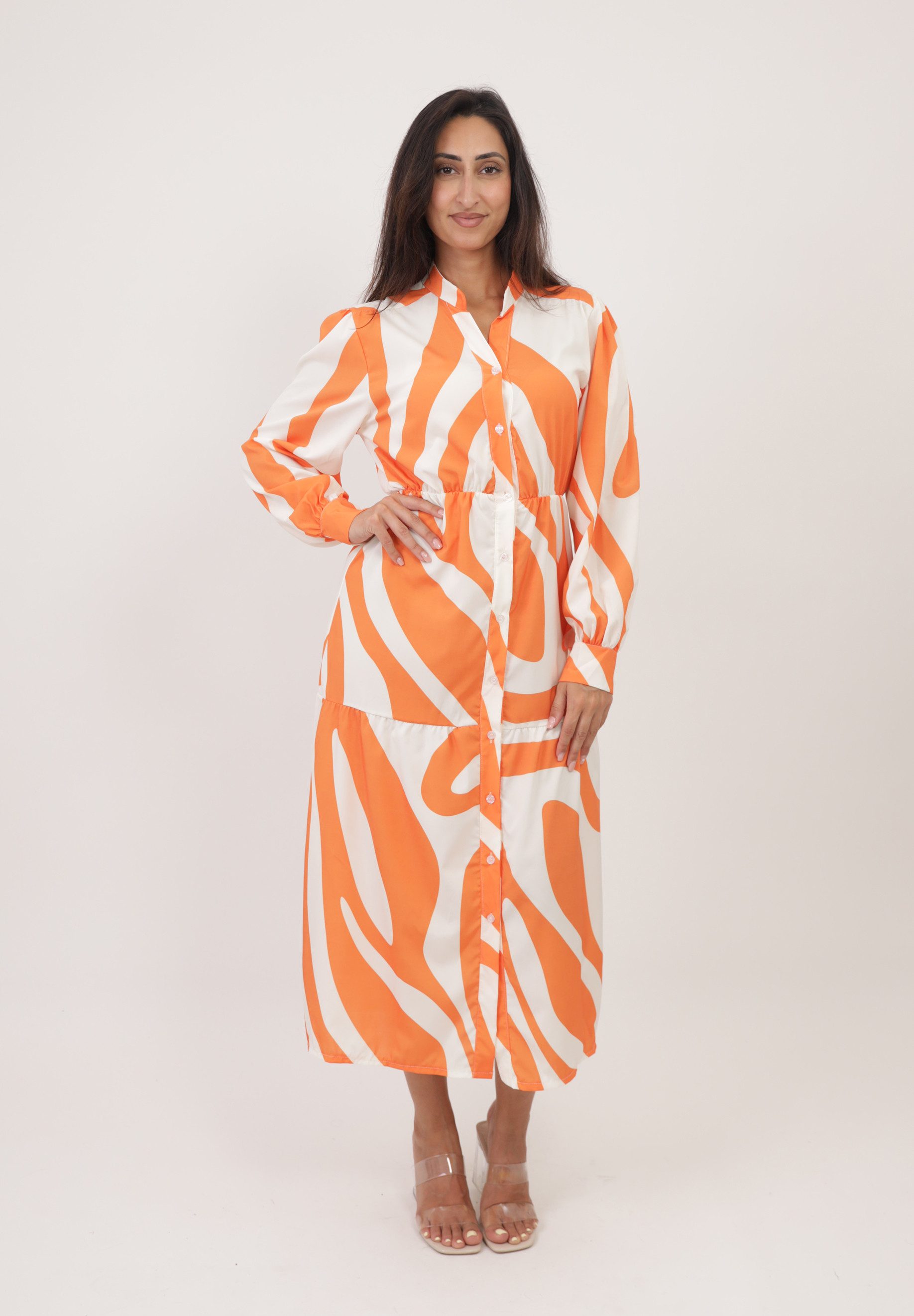 Elara Maxikleid — Damen Hemdblusenkleid in Midilänge mit Muster und Taillenzug