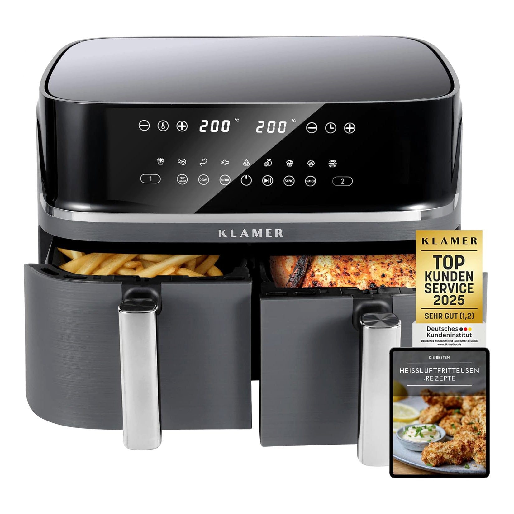 KLAMER Heißluftfritteuse Heißluftfritteuse Duo 9 L – Doppelkammer Airfryer mit 2 Körben, 3000 W, Zwei separate Fächer, Smart-Funktionen, Mehrere Programme & Steuerung