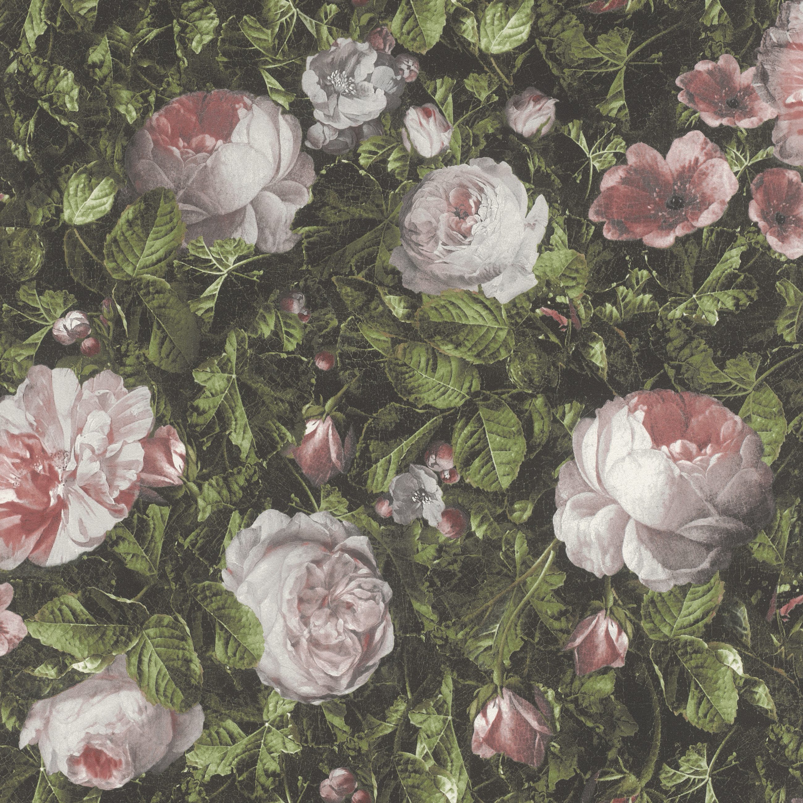 Rasch Papiertapete Vintage Rosen in Grün und Rosa, glatt, Blumen, (1 Rolle, 1 St), Floral, Rosen
