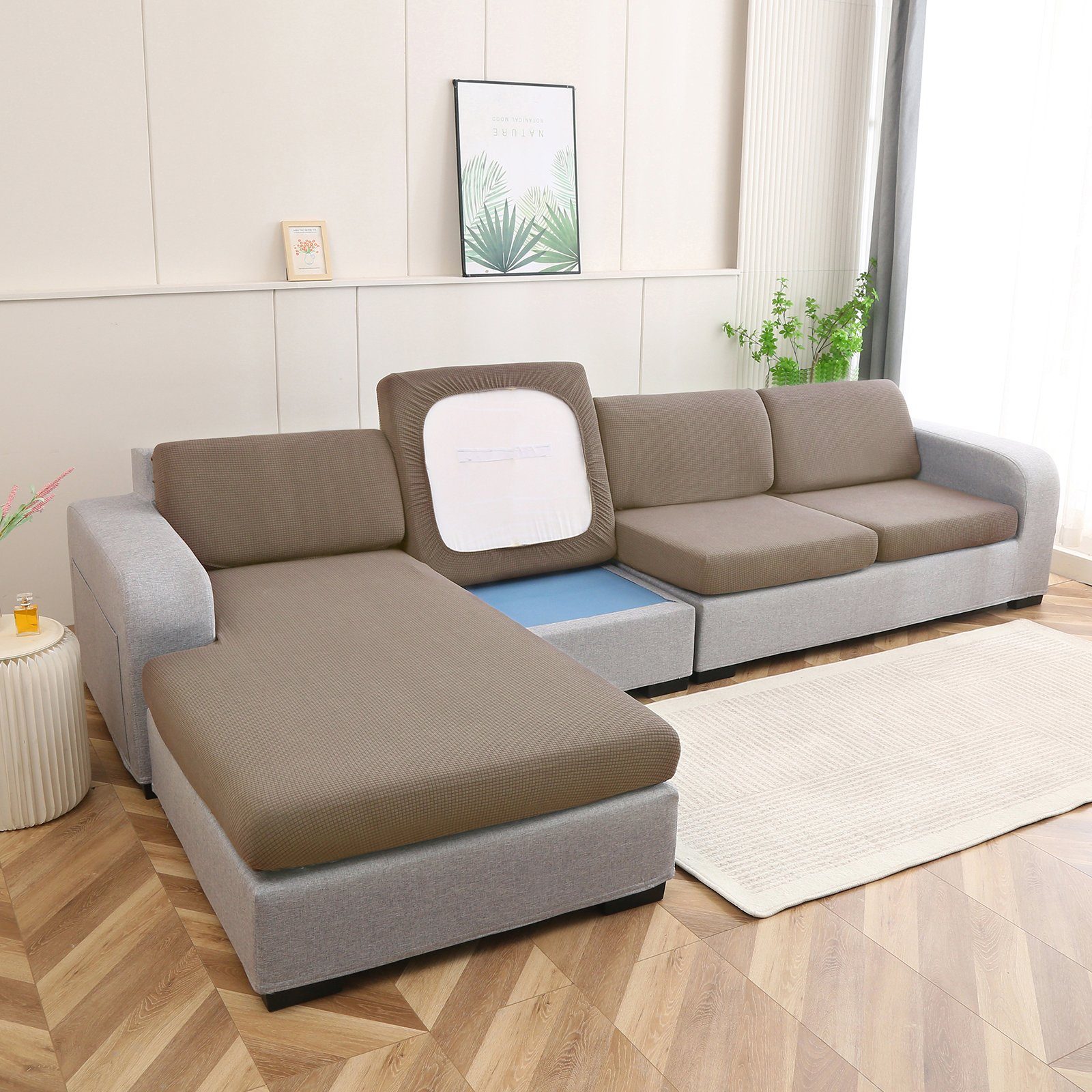 Rosnek Sofahusse Jacquard, wasserdicht, Stretch, mit Karos, für ein L-Sofa