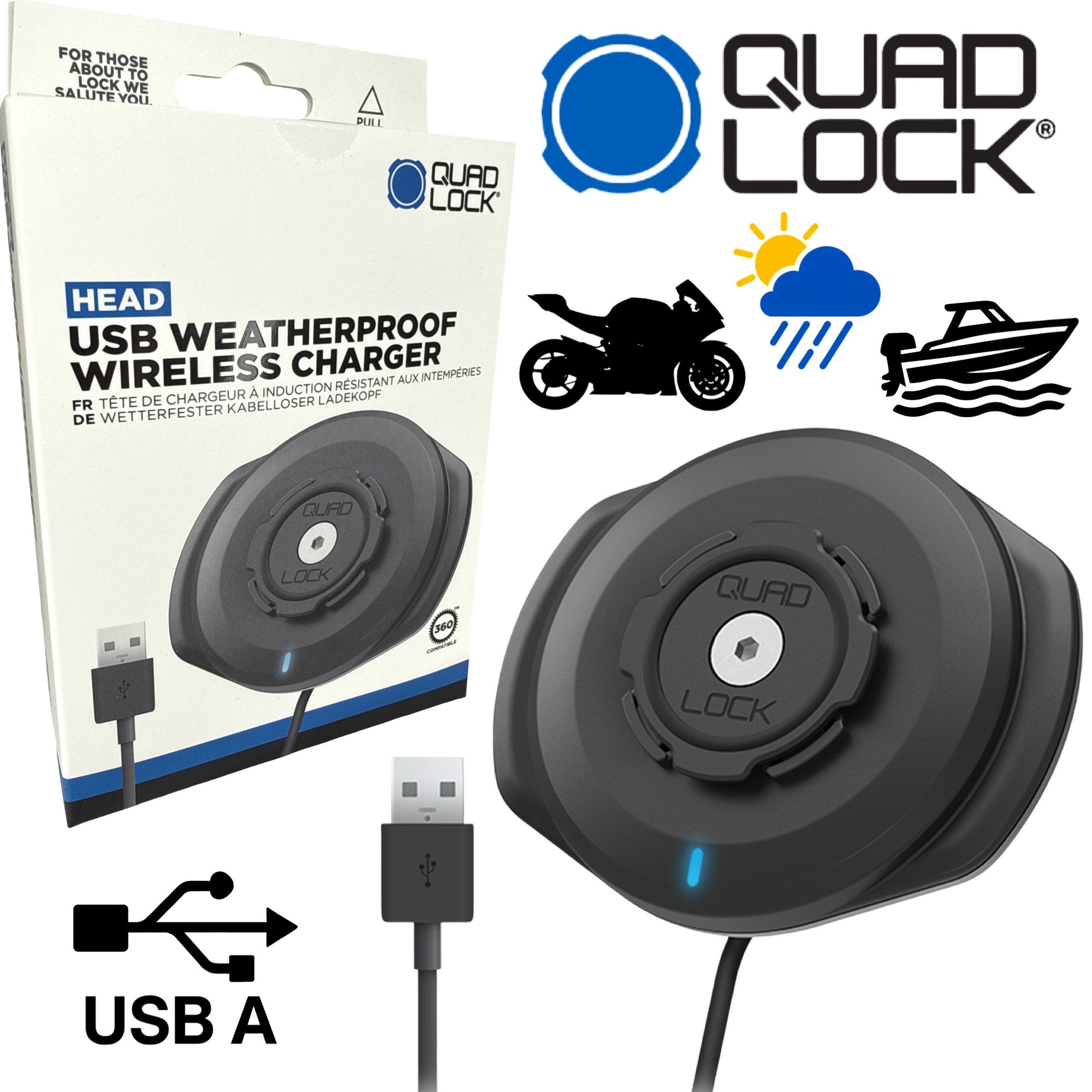 Quad Lock Handyhülle QUAD LOCK Wetterfest Wireless Motorrad Boot Handy Lade Station USB