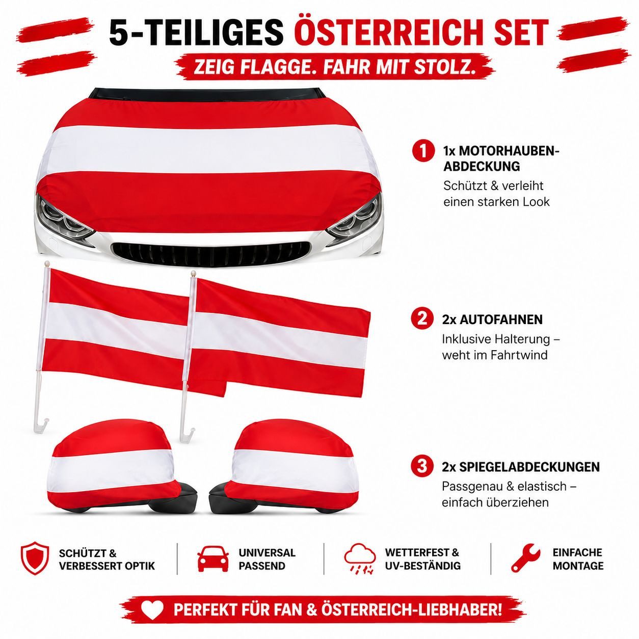 Flagge  5 teiliges Österreich Fan Set Motorhaube Autofahnen Spiegelfahnen