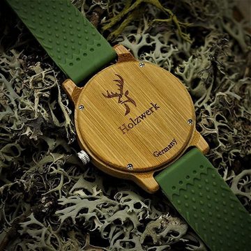 Holzwerk Quarzuhr LANDAU Damen & Herren Holz Uhr mit Silikon Armband in grün & beige