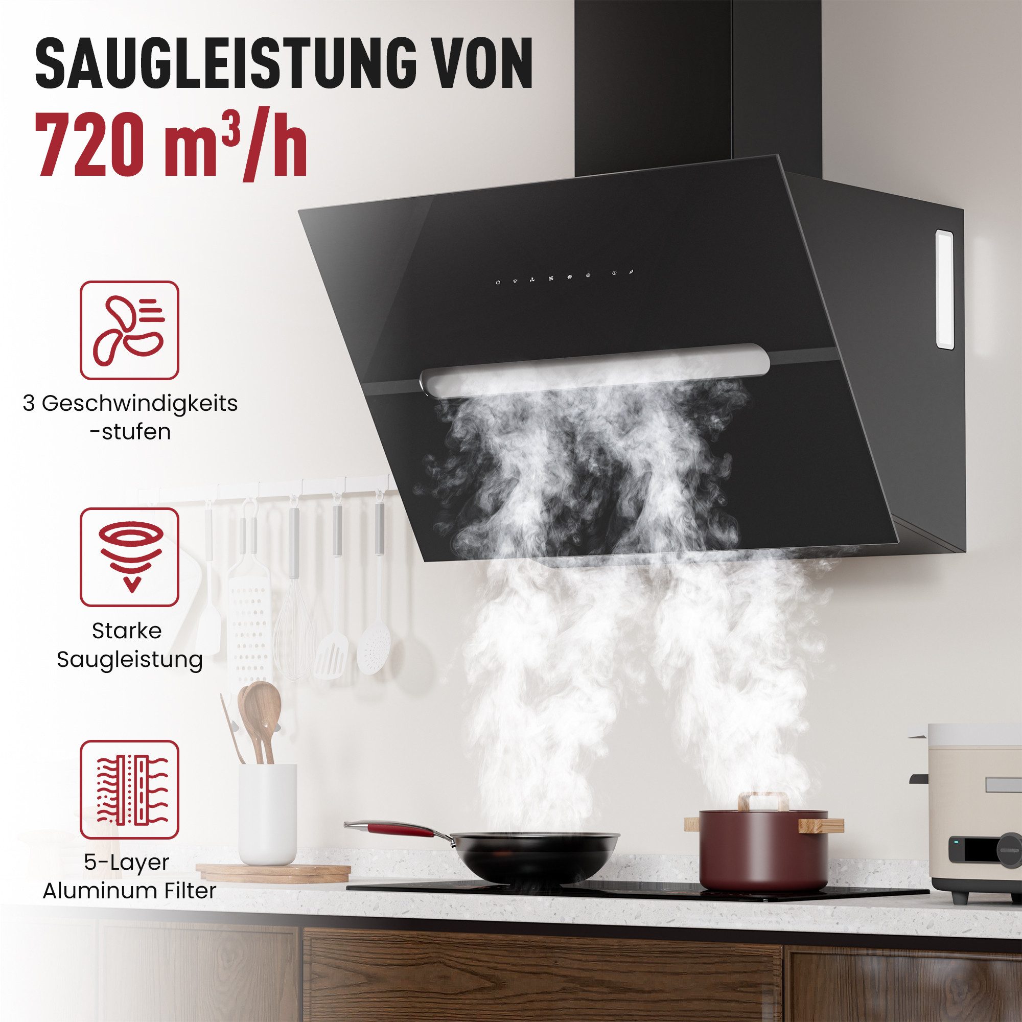 Levivo Kopffreihaube A+++ 720 m³/h Kopffreie Dunstabzugshaube 60cm und 90cm Umluft & Abluft A+++ 720 m³/h Kopffreie Dunstabzugshaube 60cm und 90cm Umluft & Abluft, Aktivkohlefiltern, Fettfiltern, LED-Beleuchtung